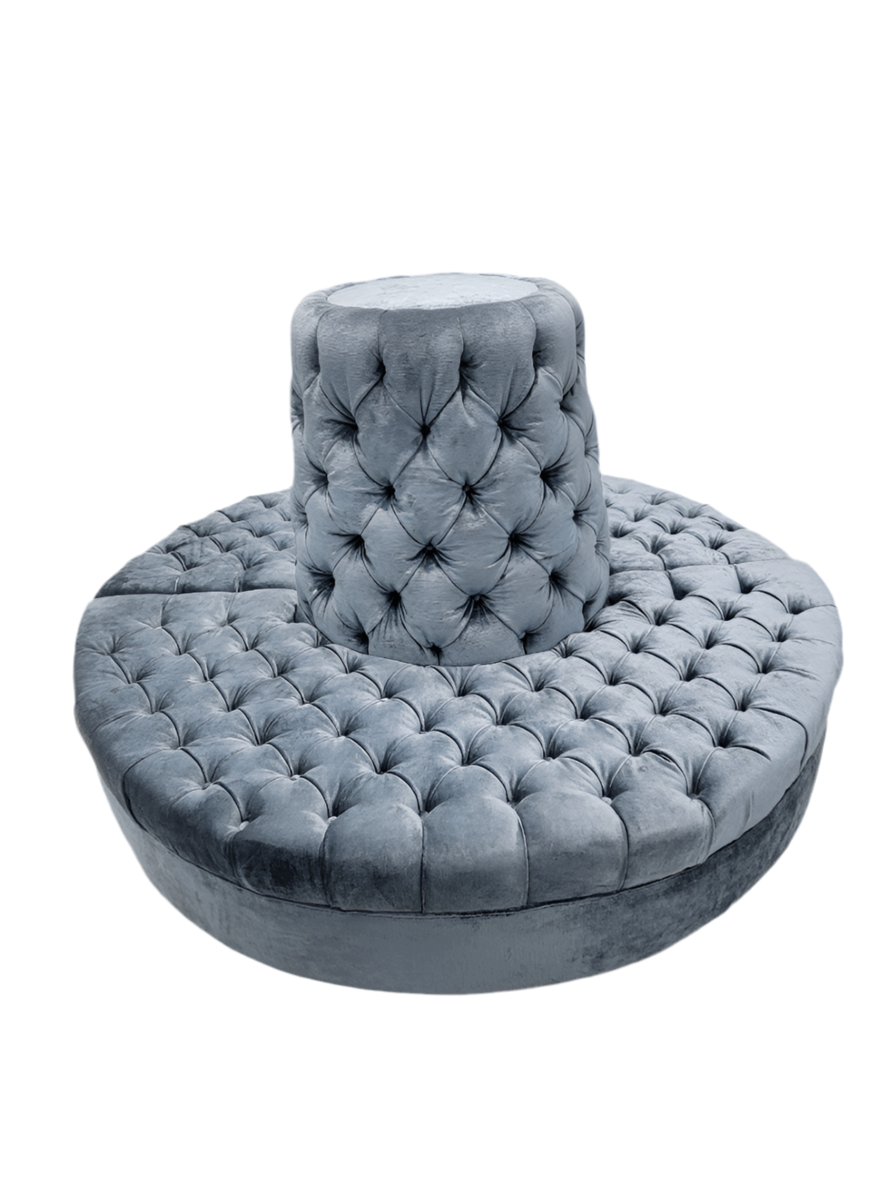 Vintage Round Banquet Settee Tufted Lobby Sofa Newly Upholstered in Blue Velvet