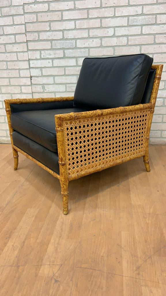 Vintage Interior Crafts Cane, Faux Bamboo and Black Leather Club Lounge Chair