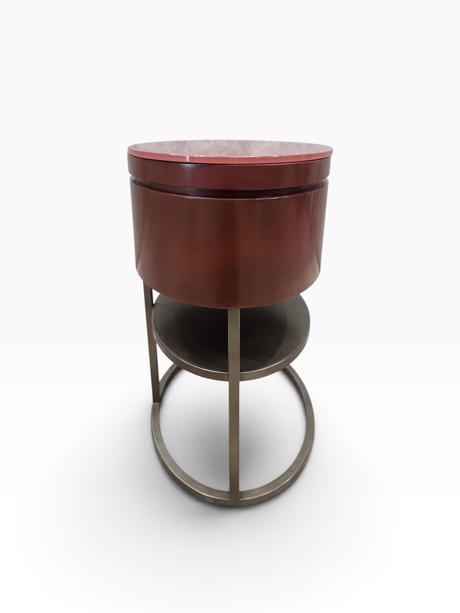 Samuelson Red Lacquered Oval Side Tables with Glass Tops & Brass Finish Stands – Pair