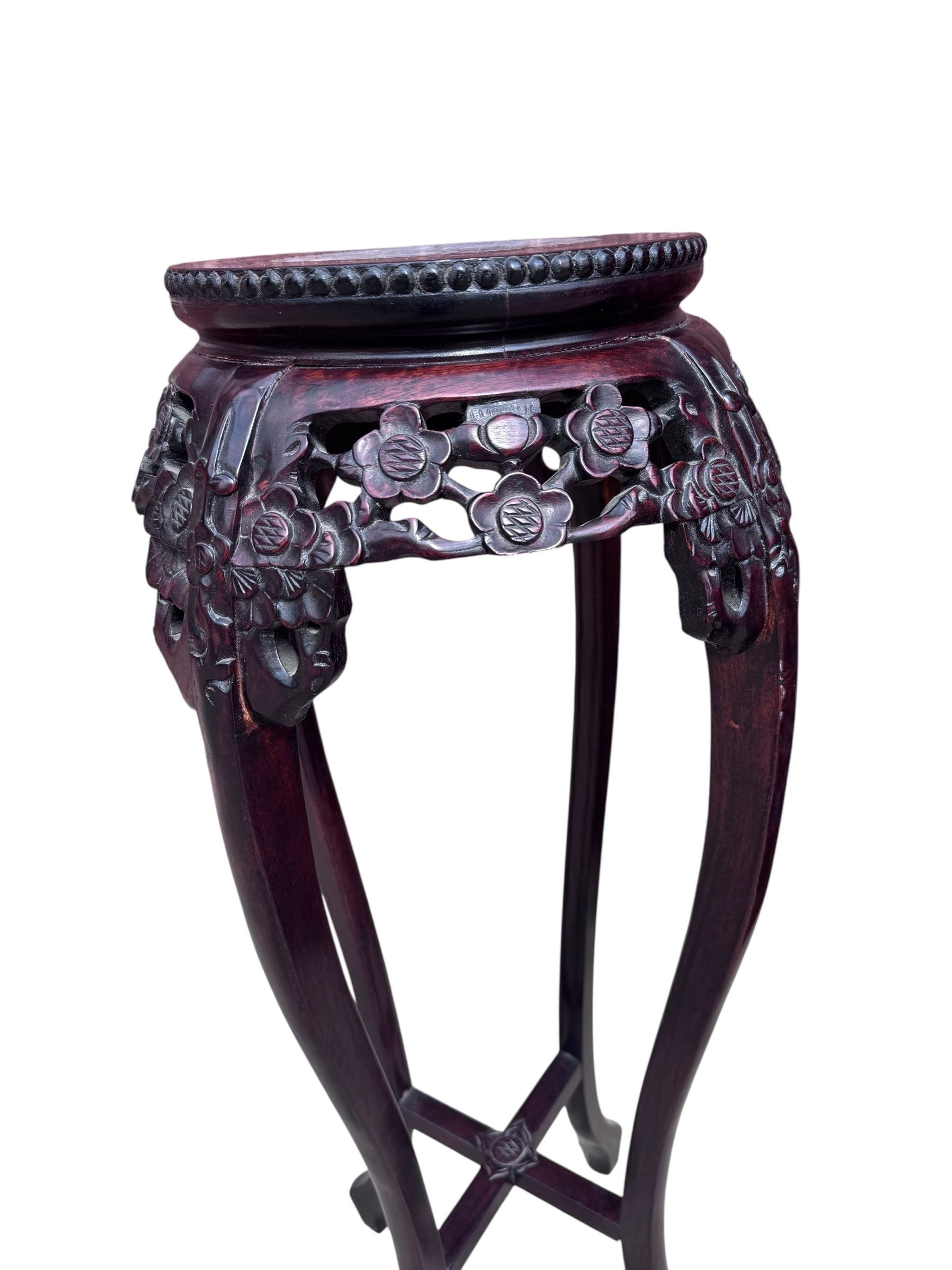 Antique Chinese Carved Rosewood & Rouge Marble Pedestal Stand Table