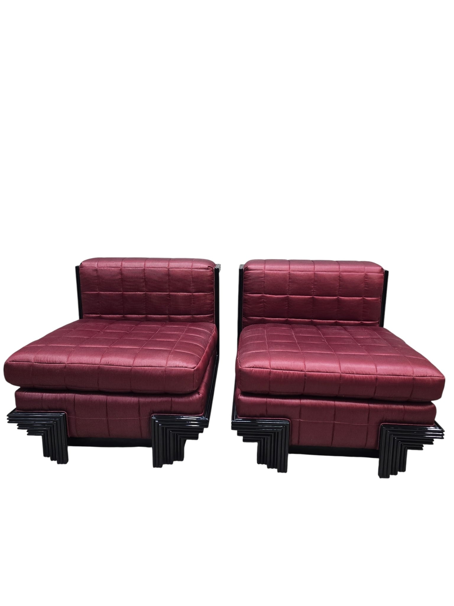 Postmodern Lounge Chairs with Stepped Black Lacquer Bases by Interior Crafts