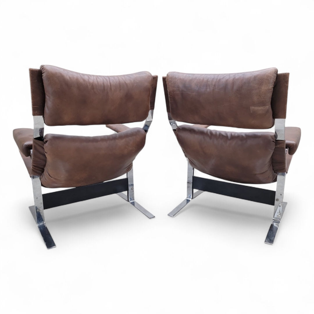 Mid Century Modern Richard Hersberger Brown Leather and Chromium Lounge Chairs and Ottoman