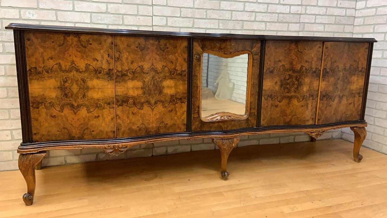 Antique Italian Burled Walnut Serpentine Fronted Etched Maiden Center Mirrored Sideboard/Credenza Dry-Bar