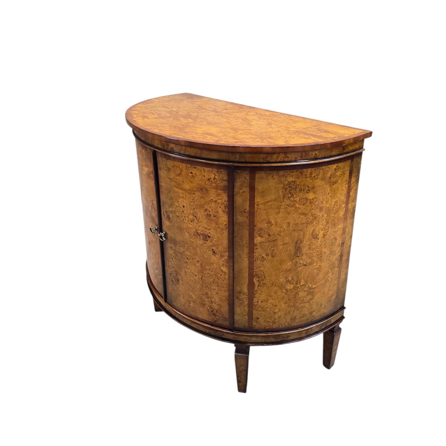 Vintage Neoclassical Regency Style Walnut Burl Demilune Cabinet
