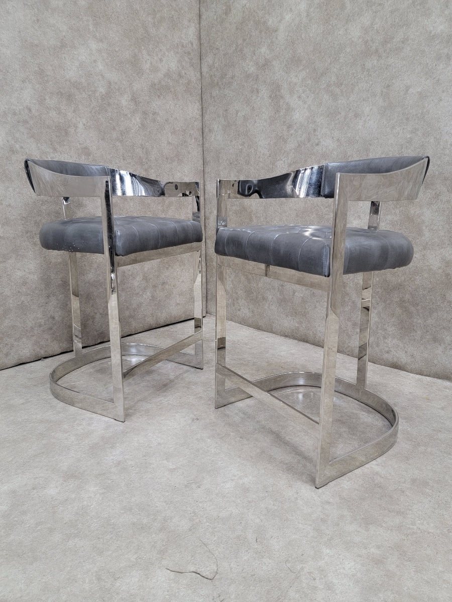 Vintage Modern Chrome Curved Back Tufted Bar Stools in Steel Grey Italian Leather - Pair