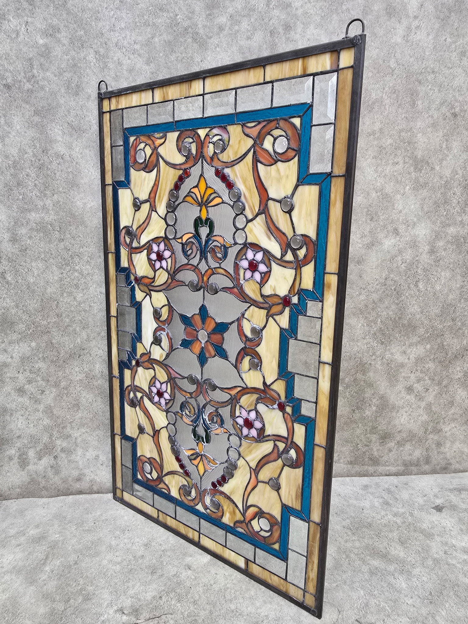 Antique Multi Color Floral Stained Glass Window - Pair