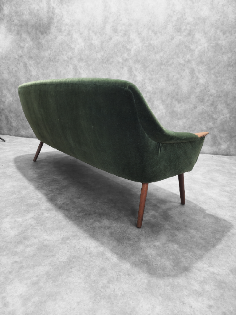 Mid Century Modern Danish Hans Olsen Style Sofa Newly Upholstered in a “Hunter-Mist” Italian Mohair