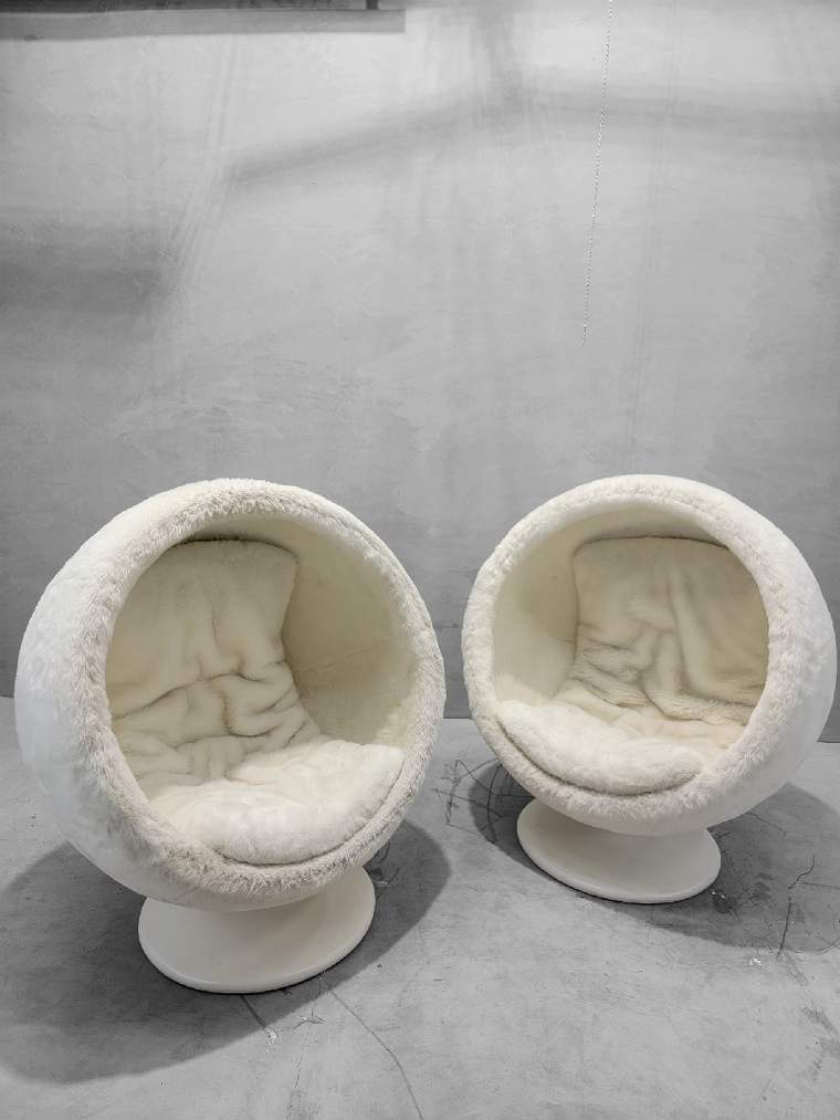 Modern Atomic Space Age Style Orbit Swivel Pod Lounge Chair by RH Teen in a Kashmir White Faux Fur - Pair