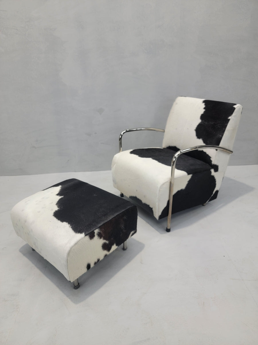 Art Deco German Chrome Bar Lounge & Ottoman Set Newly Upholstered in BrazilIan Black and White Hair-On Cowhide
