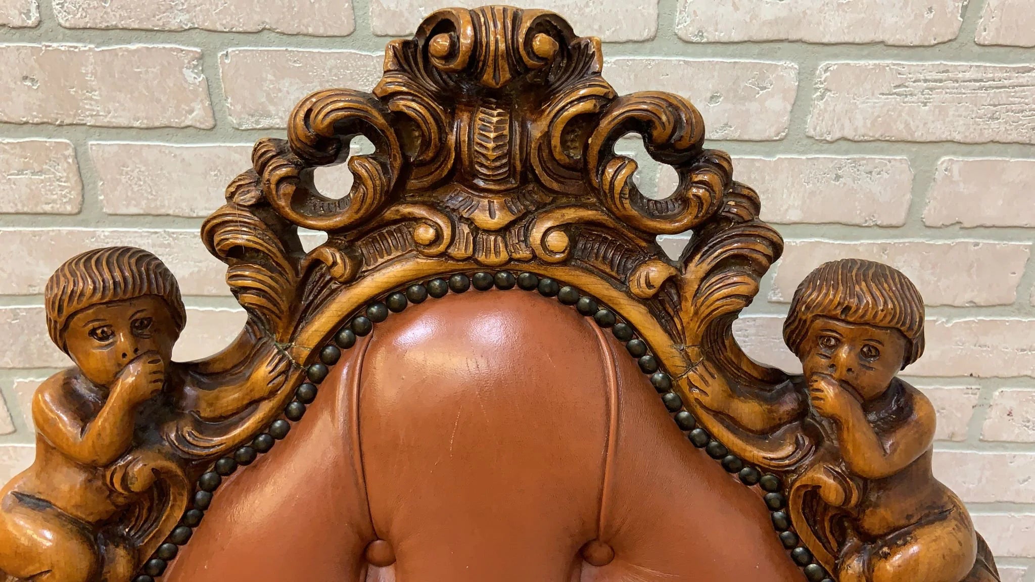 Antique Italian Rococo Style Heavily Carved Ornate Figural Tufted Dining Chairs in a Original Brown Leather - Set of 4