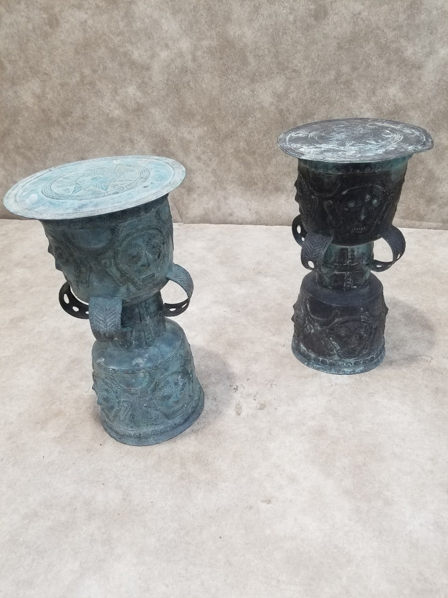 HOLD - Antique Balinese Hammered Bronze Rain Drum Garden Stool/Plant Stand - Set of 2