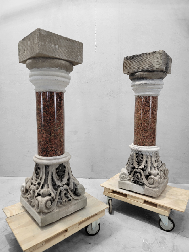 Antique Italian Marble & Sculpted Stone Pedestals from Roman Church Altar - Pair