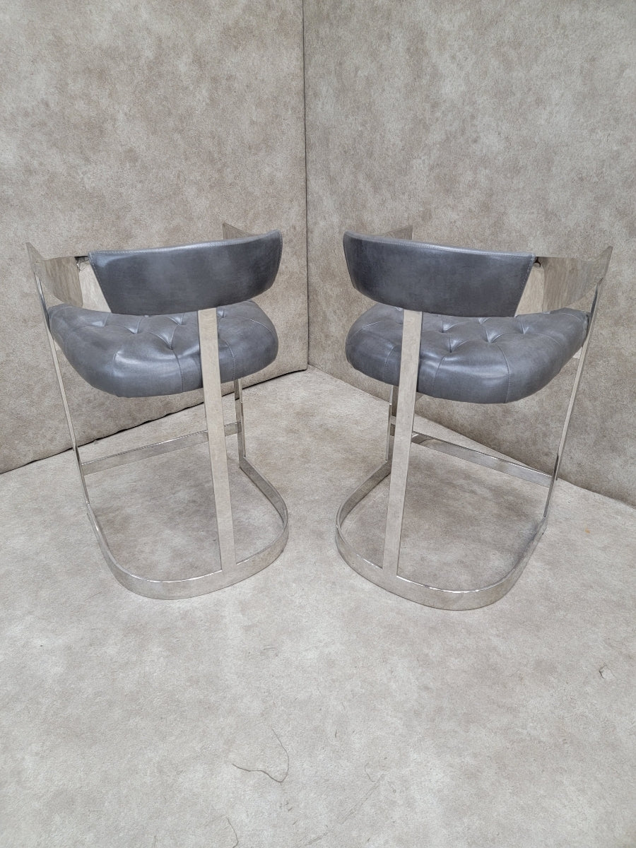 Vintage Modern Chrome Curved Back Tufted Bar Stools in Steel Grey Italian Leather - Pair