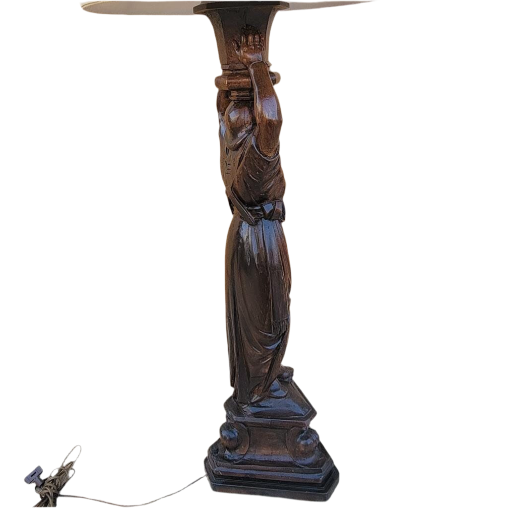 Antique Carved Walnut Figural Lamp with Shade