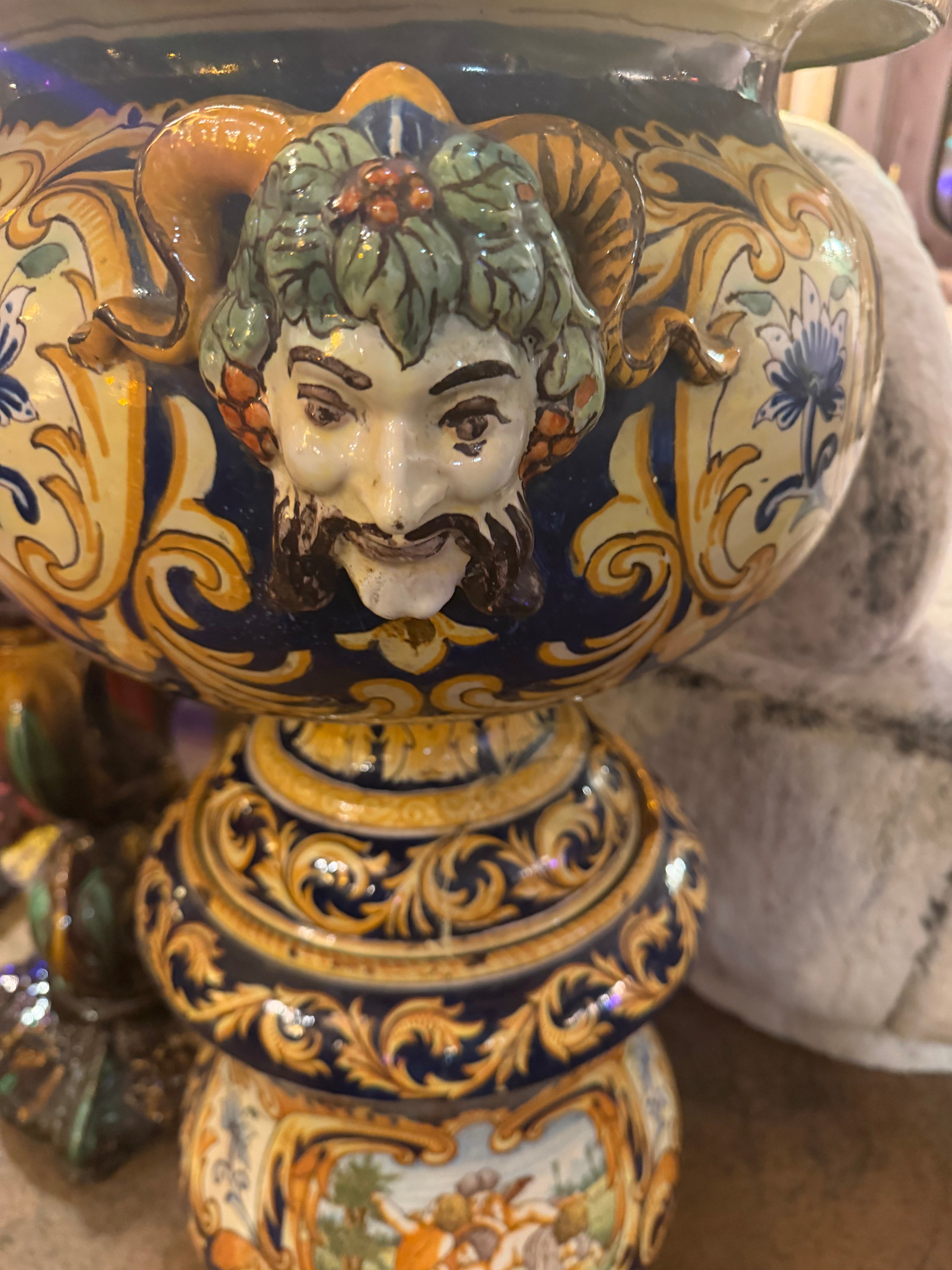 Antique French Montagnon Nevers Majolica Jardinière on Pedestal