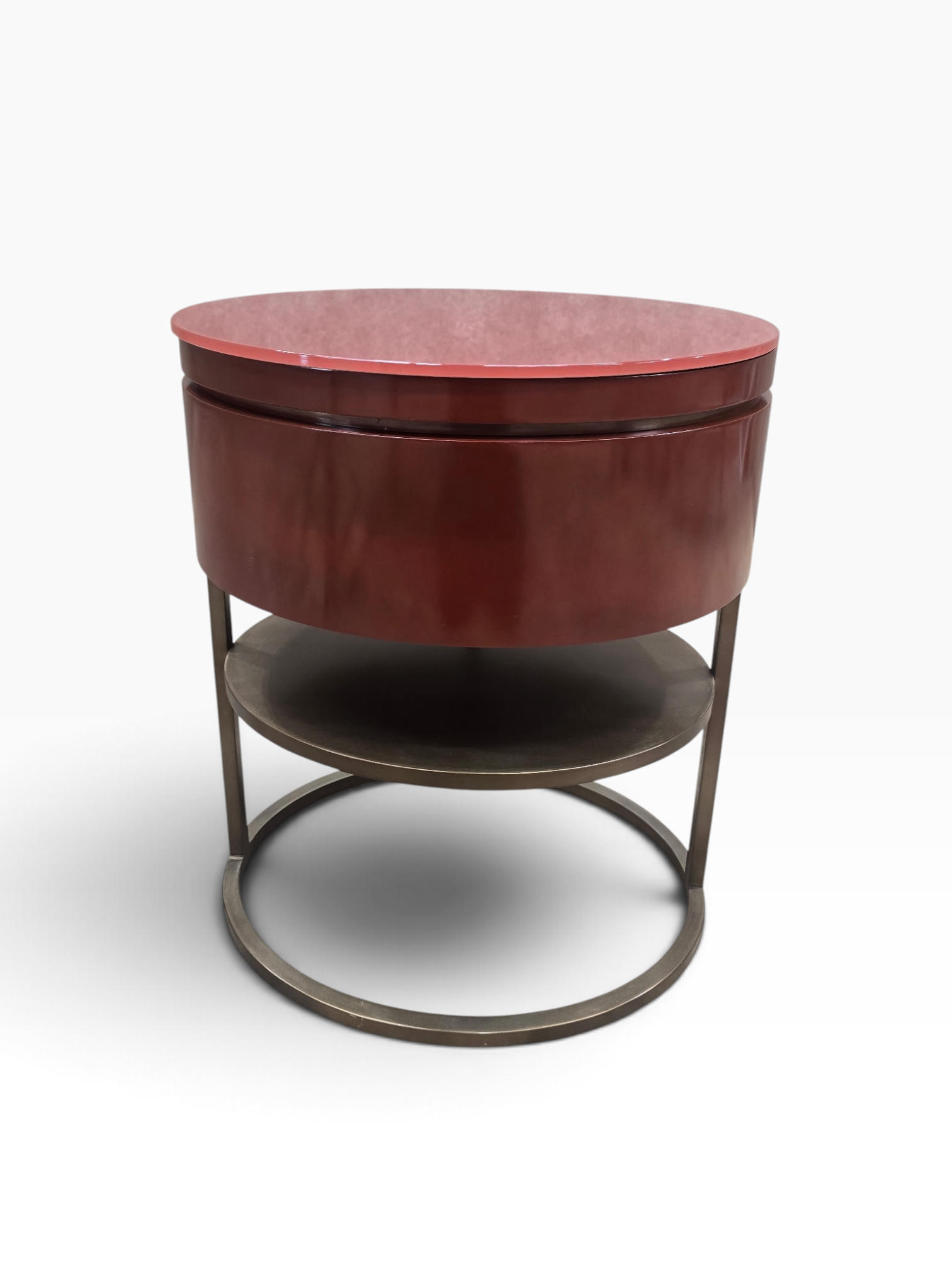 Samuelson Red Lacquered Oval Side Tables with Glass Tops & Brass Finish Stands – Pair