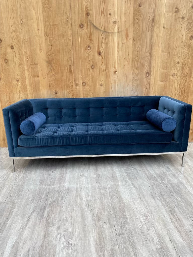 Mid Century Modern Florence Knoll Chrome Sofa Newly Upholstered Blue Tufted Velvet