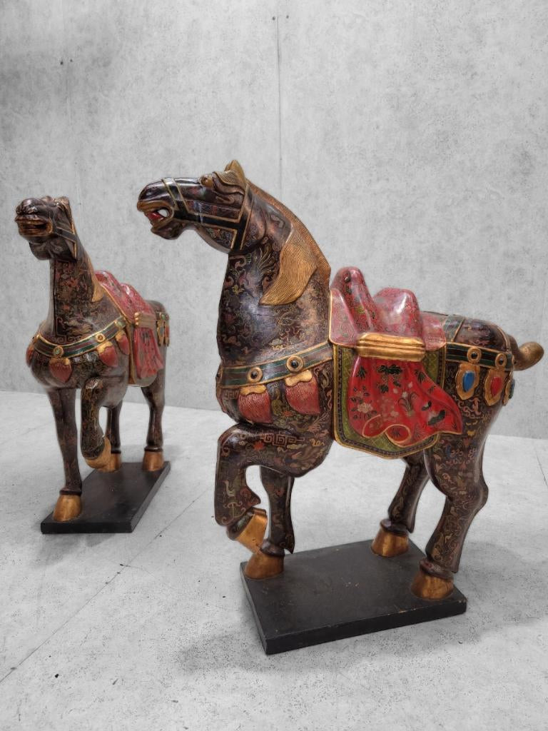 Vintage Tang Dynasty Style War Horse Floor Statues Sculptures - Set of 2