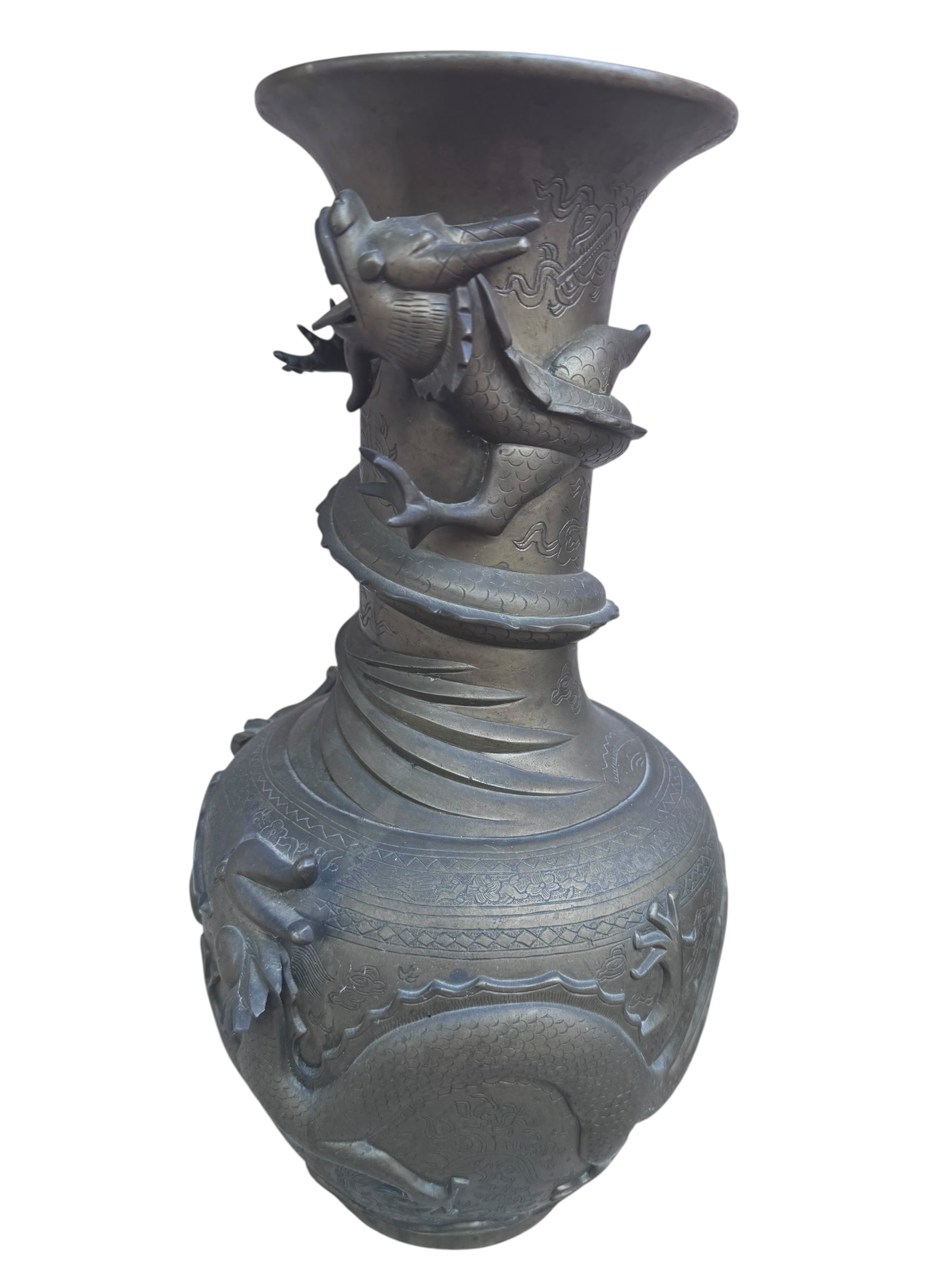 Antique Signed Asian Bronze Dragon Vase - Pair