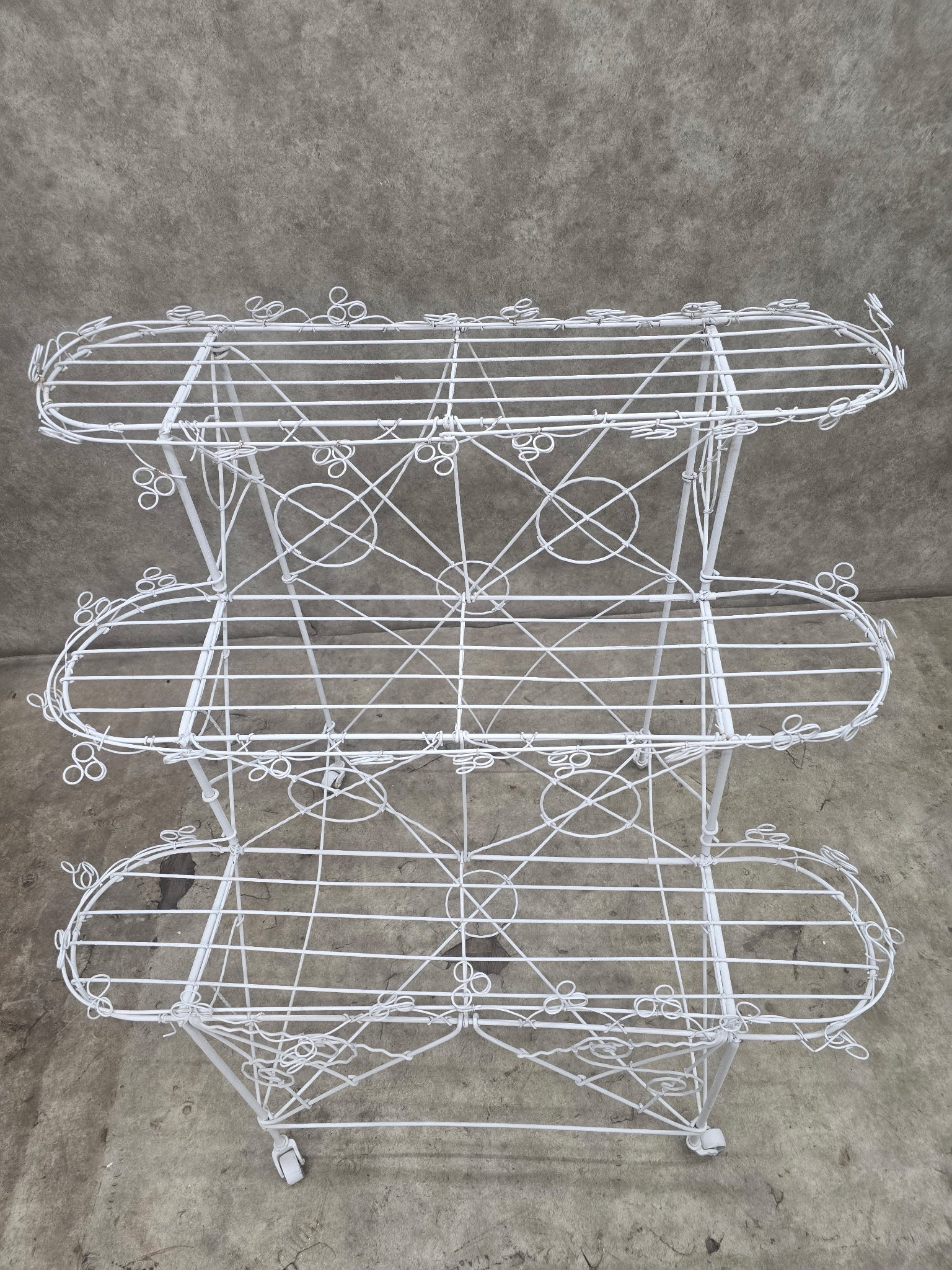Vintage White Wire 3-Tier Rolling Plant Stand on Casters