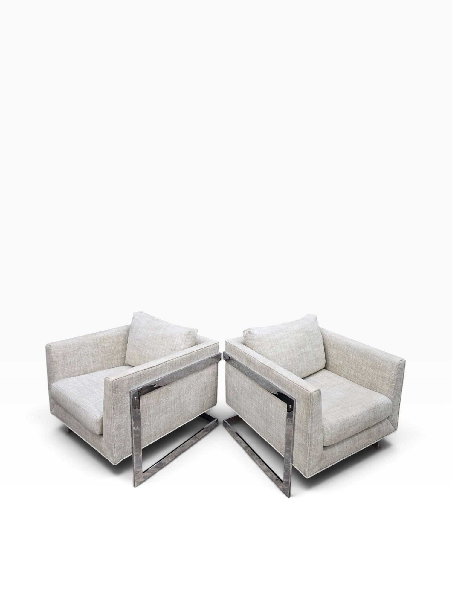 Mid Century Modern Milo Baughman Chrome Flat Bar Cantilever Club Chairs Newly Reupholstered in Natural Linen – Pair