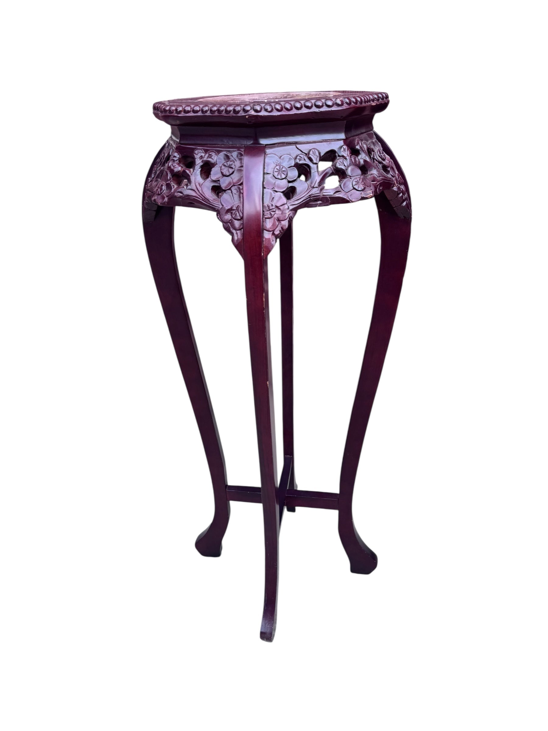 Antique Chinese Carved Marble Top Rosewood Pedestal Stand Table