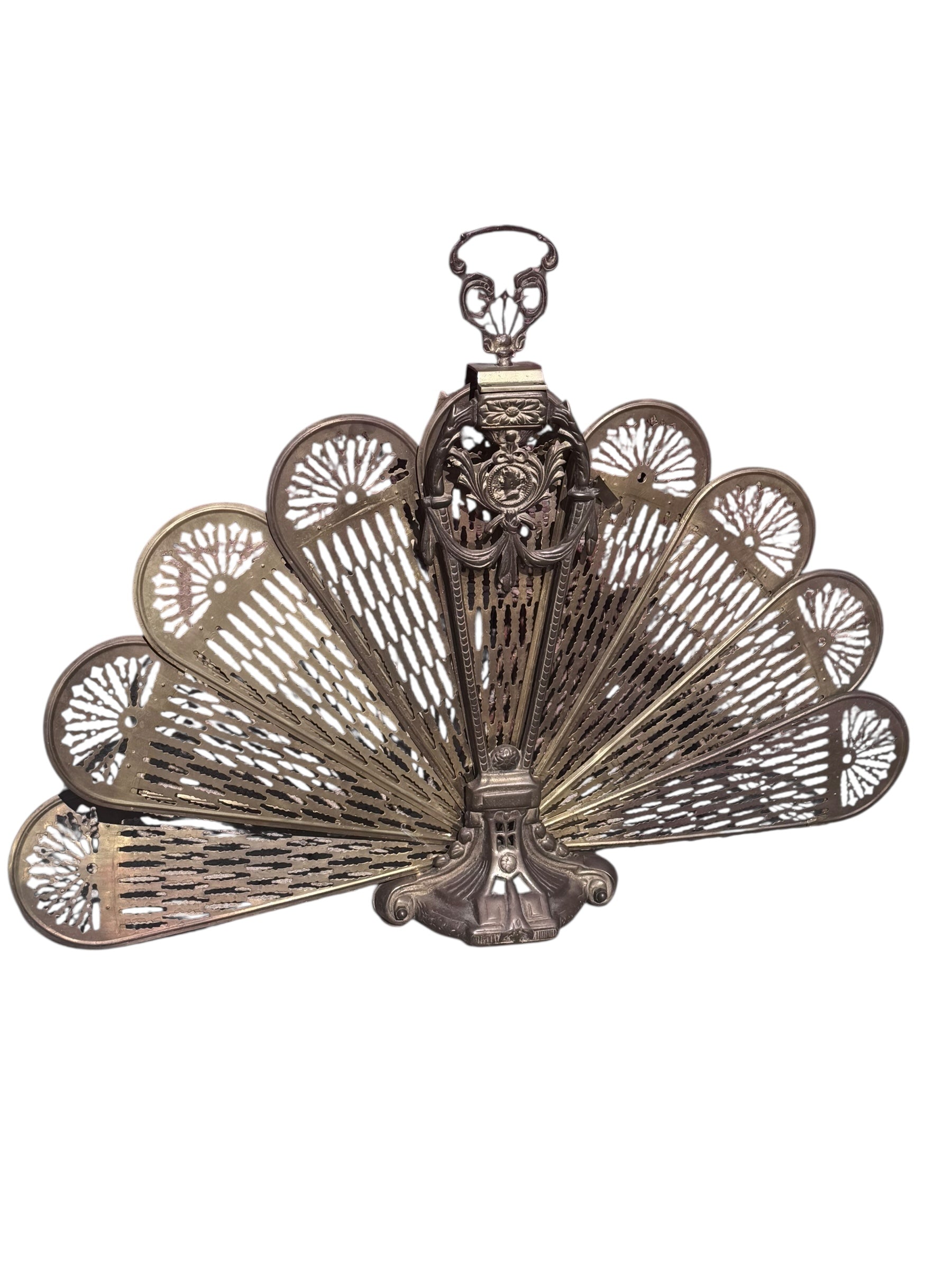 Antique Victorian Style Brass Peacock Fan Style Fireplace Screen