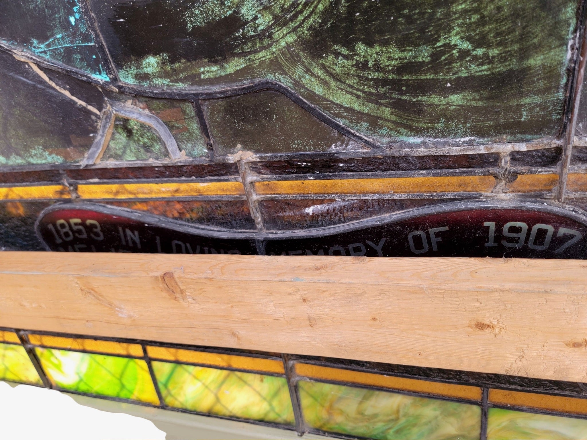 Antique Monumental Tiffany Style Salvaged “Heaven” Stained Glass Window