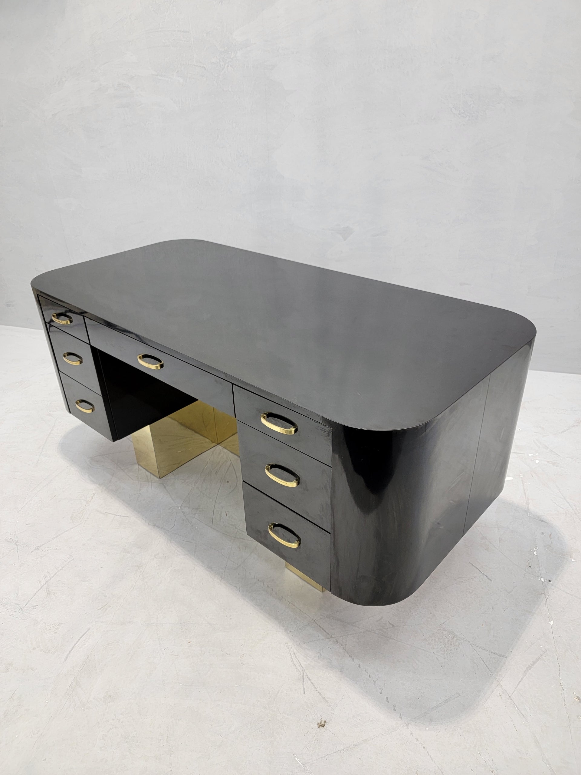 New - Vintage Postmodern French Art Deco Styled Black Lacquer and Brass Curved  Executive Desk