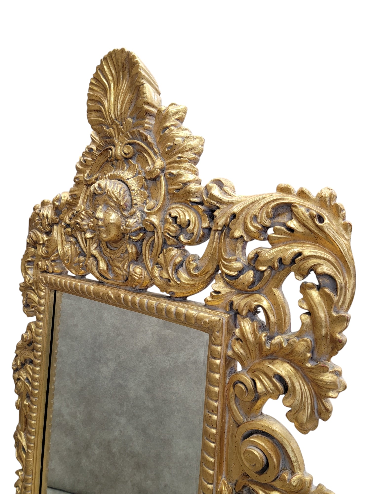 Vintage Hollywood Regency Italian Versace Style Carved Ornate Gold Gilded Figural Beveled Wall Mirror