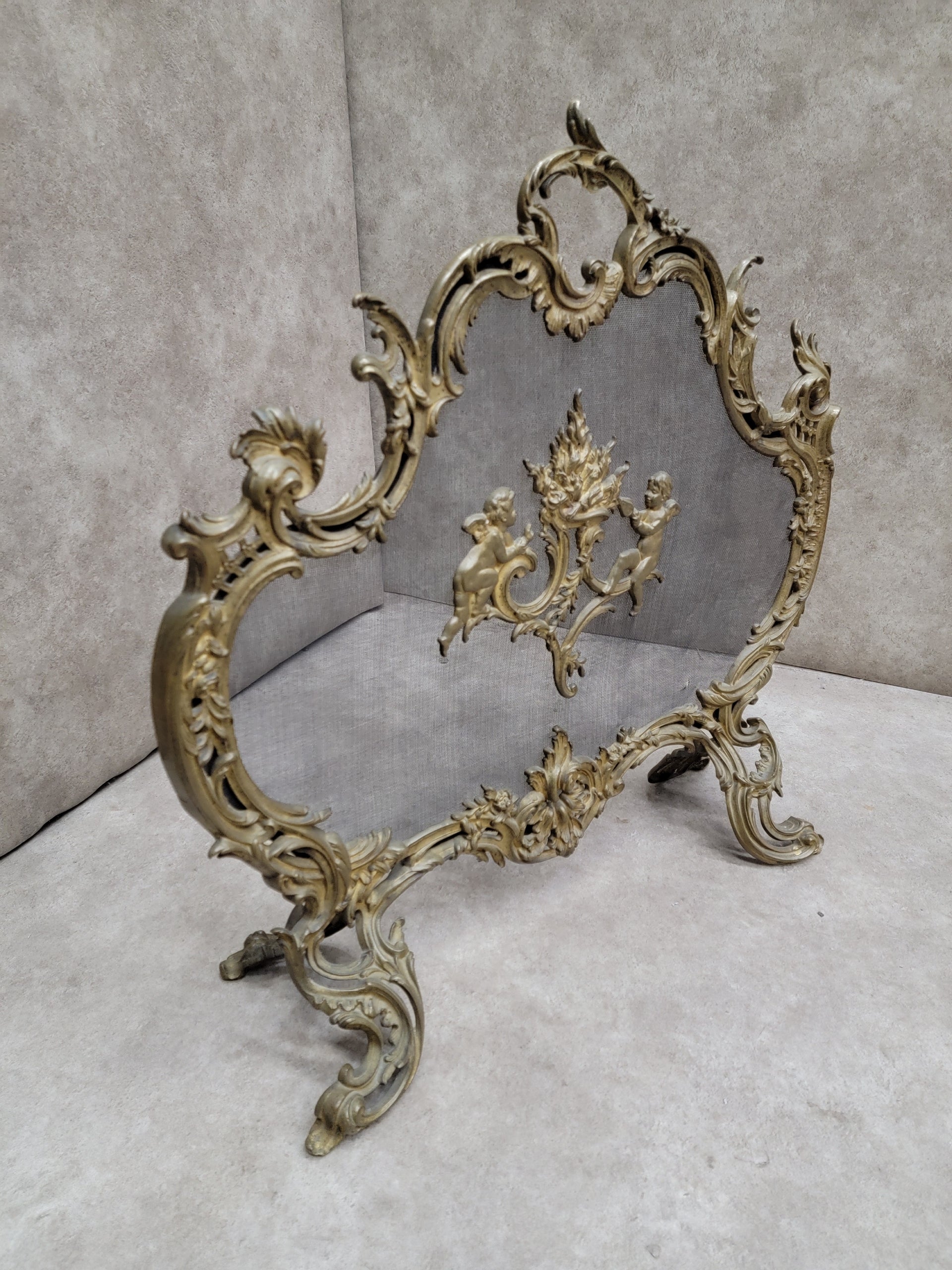 Antique Louis Style French Brass Cherub and Floral Free Standing Fire Screen