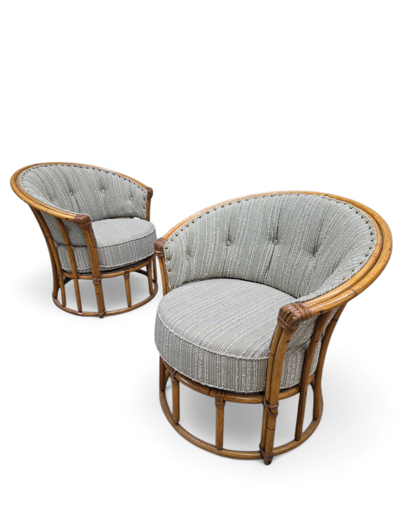 MCM Heywood Wakefield “Ashcraft” Bamboo Style Rattan Chairs Newly Reupholstered – Pair