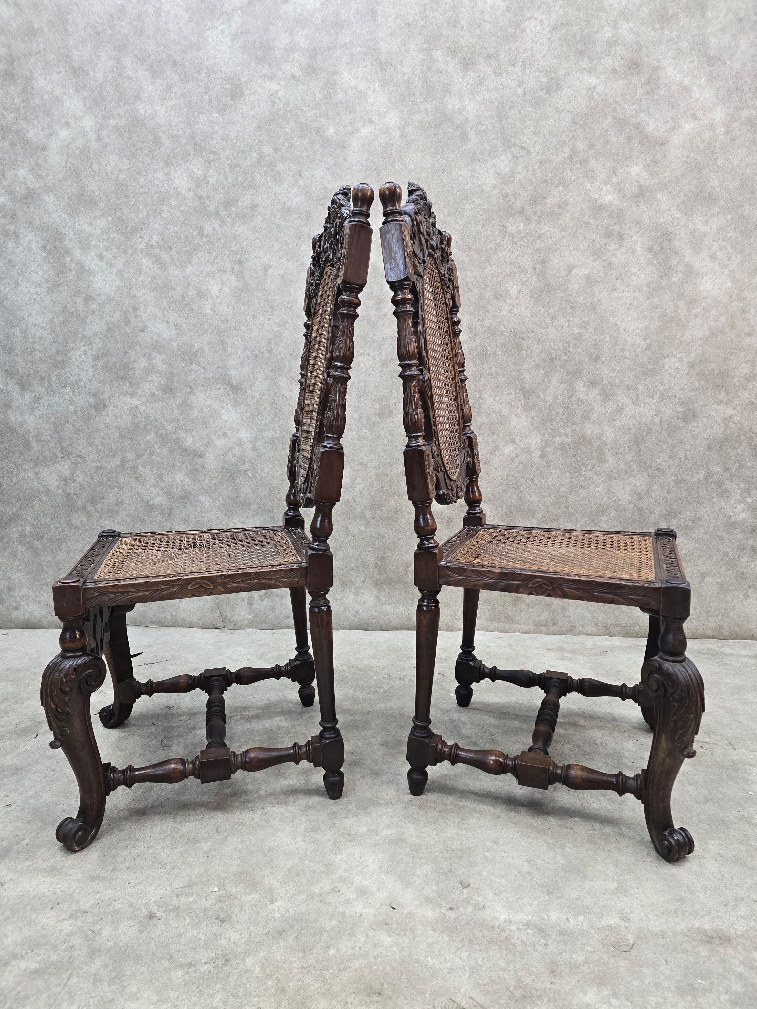 Antique Renaissance Revival Cane Throne Chairs - Pair