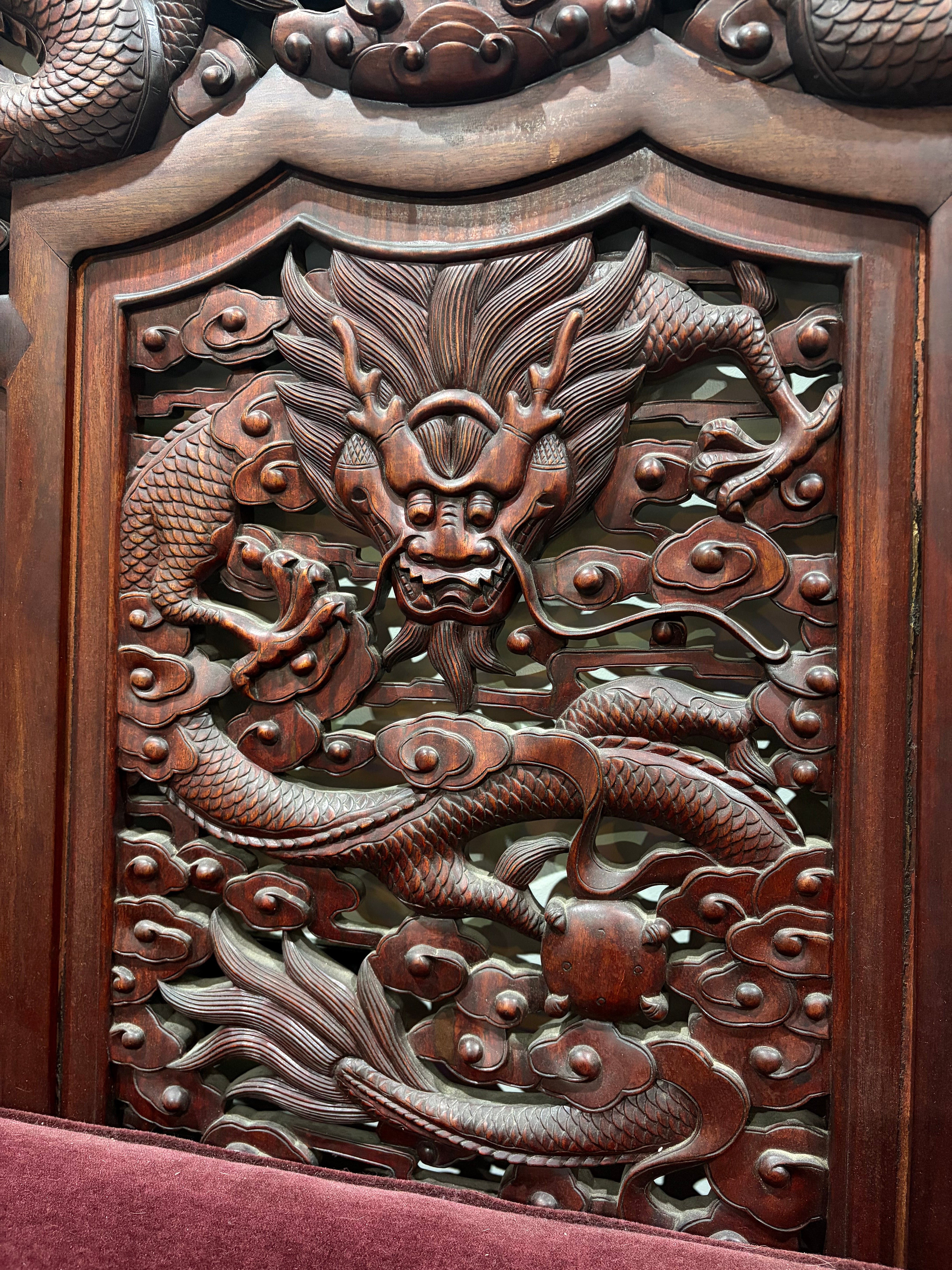 Chinese Carved Dragon Settee With Burgundy Mohair Upholstery