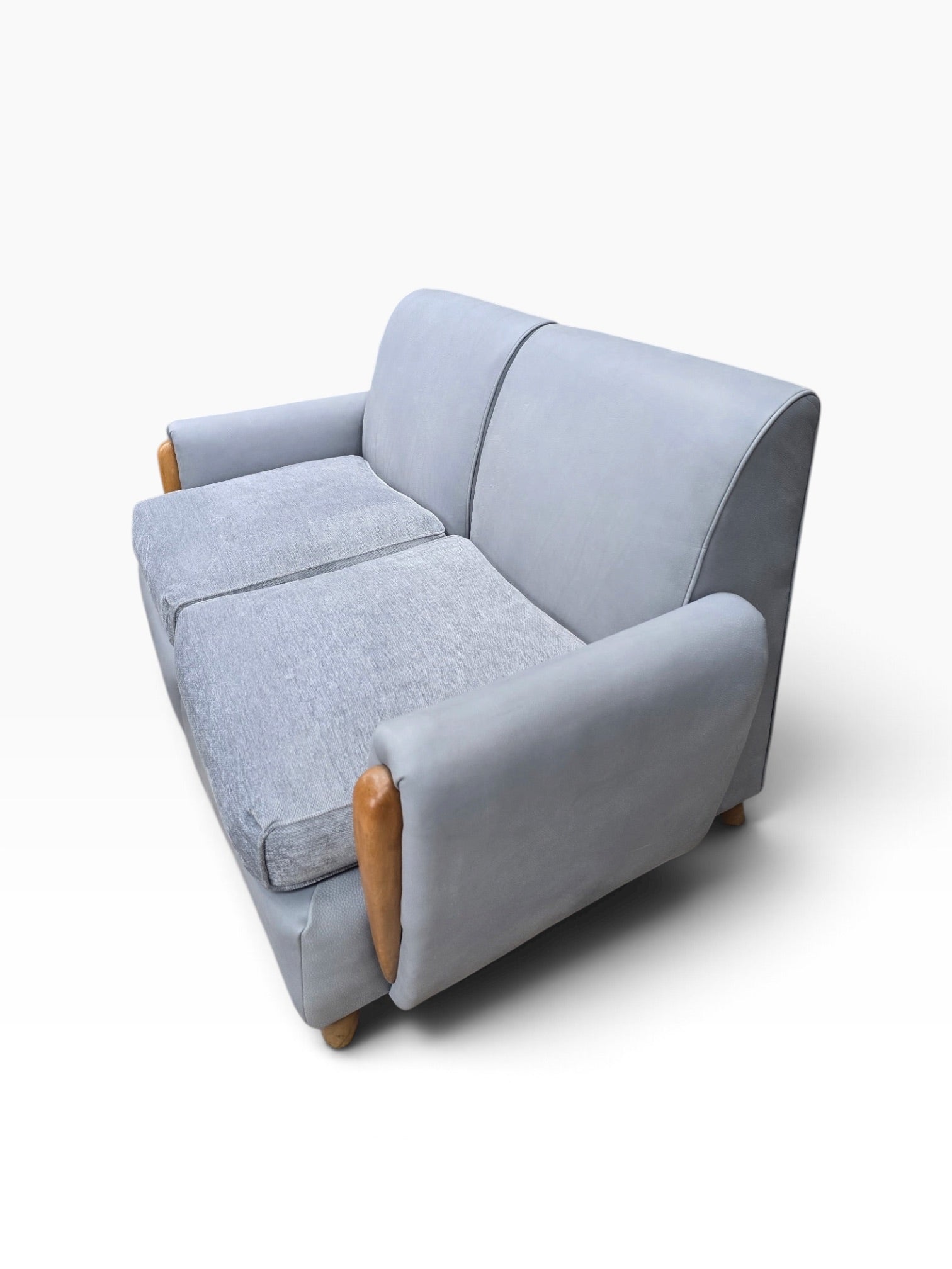 Mid Century Modern Heywood Wakefield Modular Sectional Sofa Newly Reupholstered in Powder Blue Holly Hunt Leather