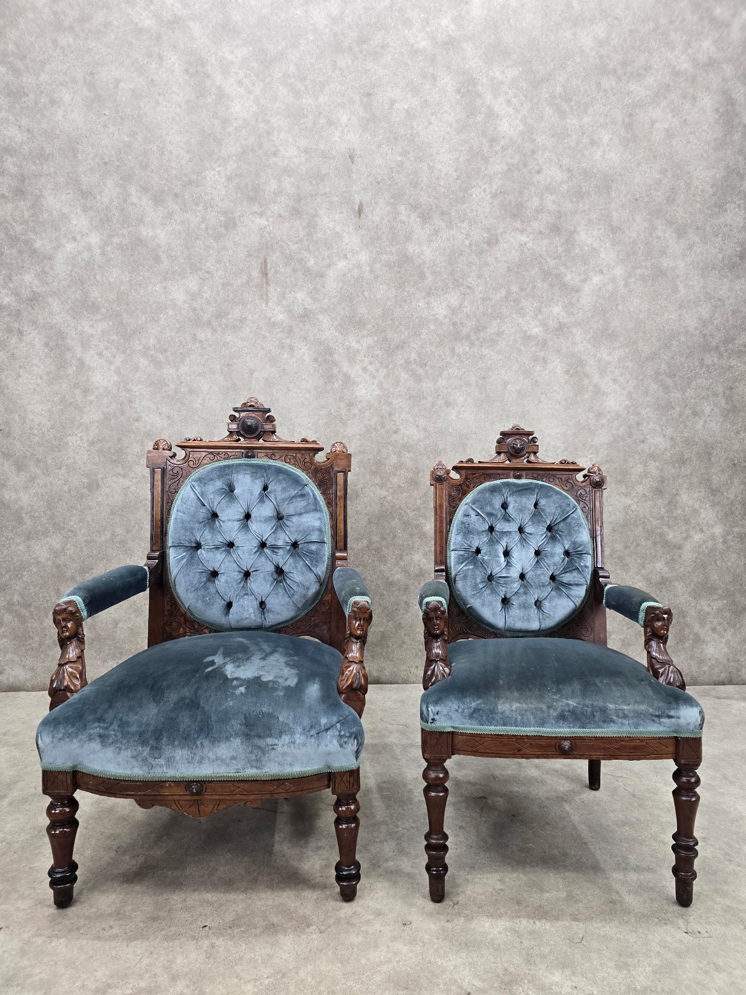 new - Antique Renaissance Revival Carved Chairs by John Jelliff - Set of 2