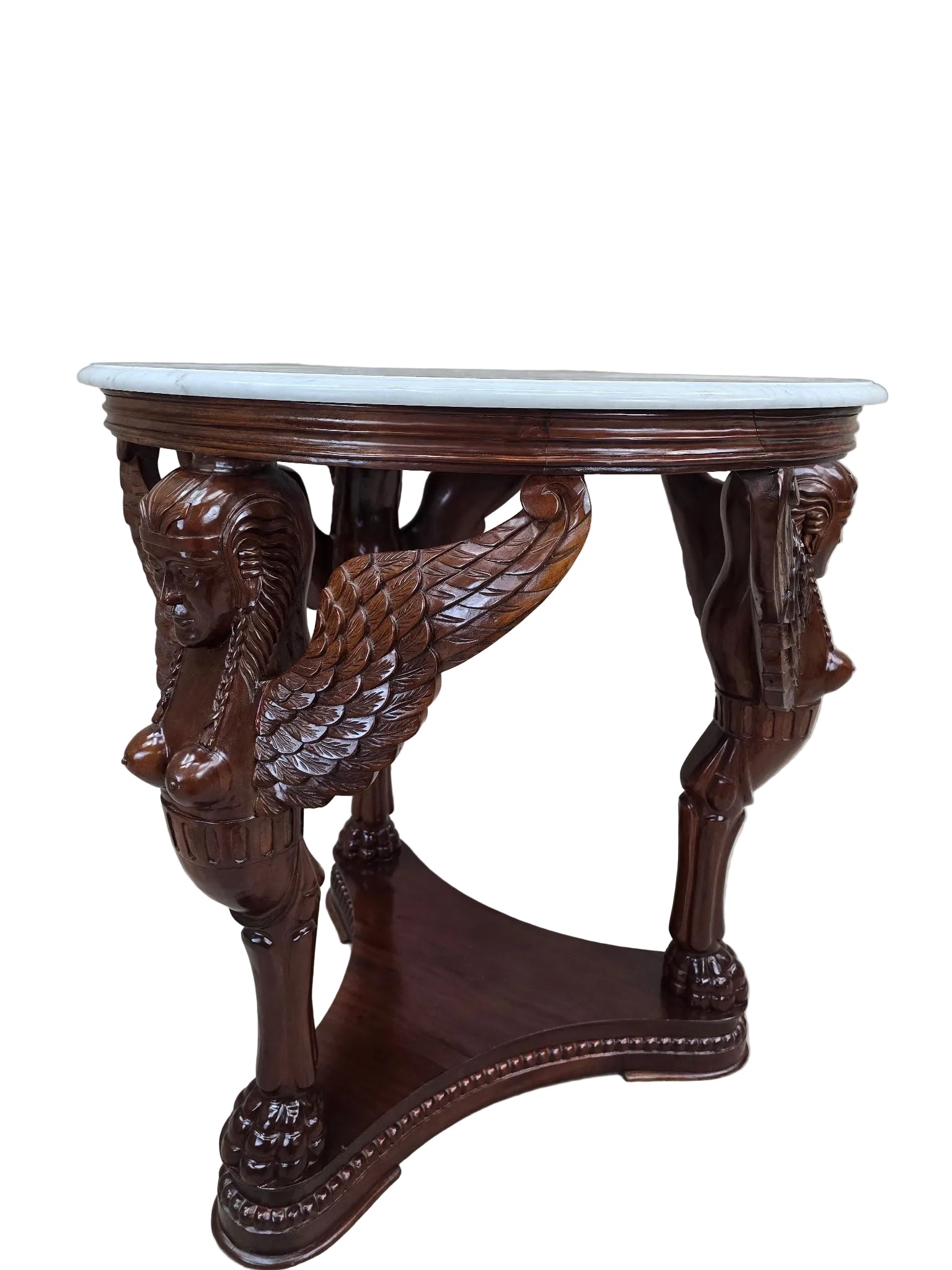 Vintage Indonesian Neoclassical Style Winged Caryatid Marble Top Center Table