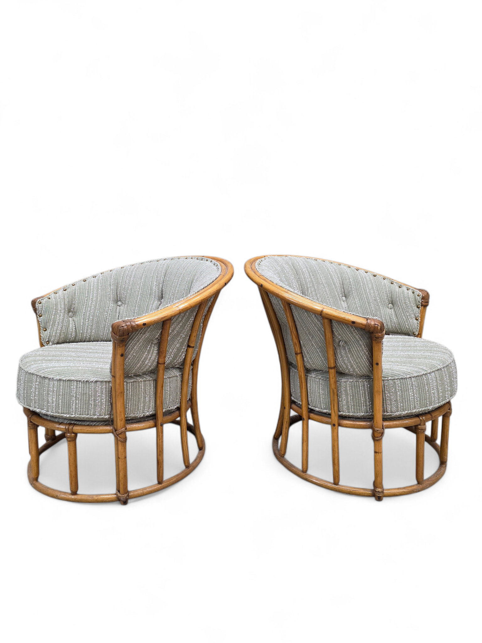 MCM Heywood Wakefield “Ashcraft” Bamboo Style Rattan Chairs Newly Reupholstered – Pair