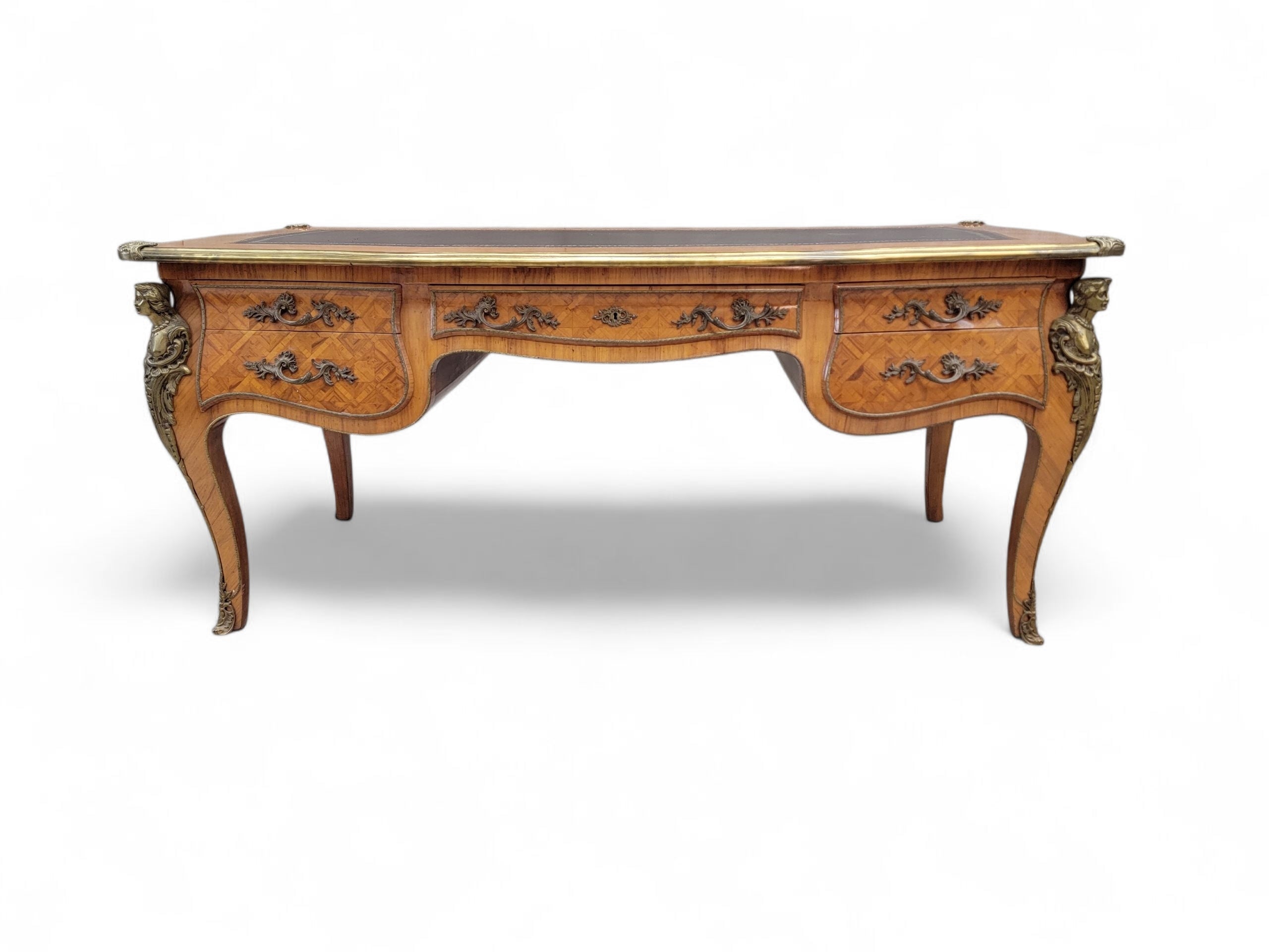 Antique French Satinwood Parquetry Louis XVI Writing Desk, Tooled Leather Top & Ormolu