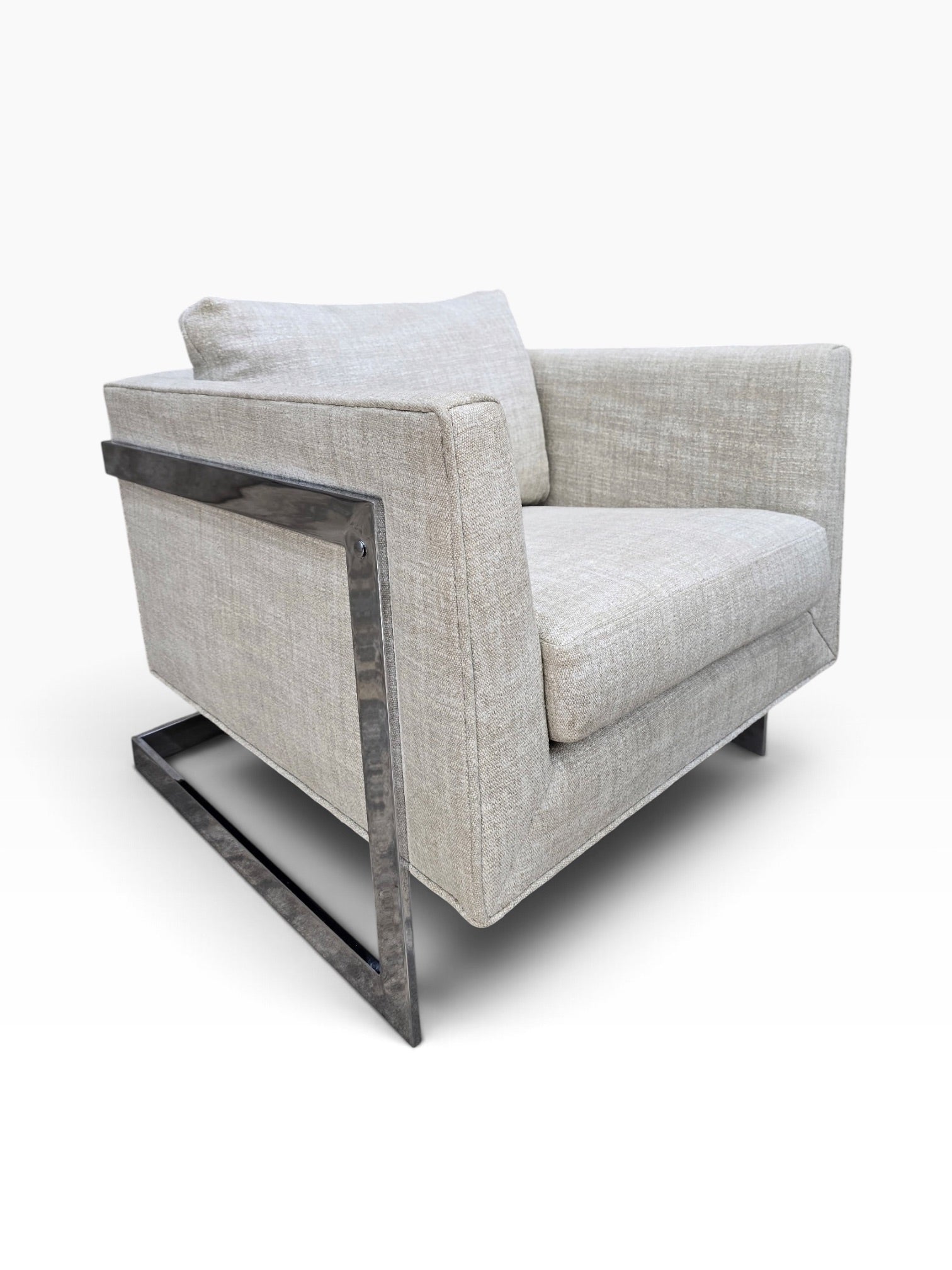 Mid Century Modern Milo Baughman Chrome Flat Bar Cantilever Club Chairs Newly Reupholstered in Natural Linen – Pair