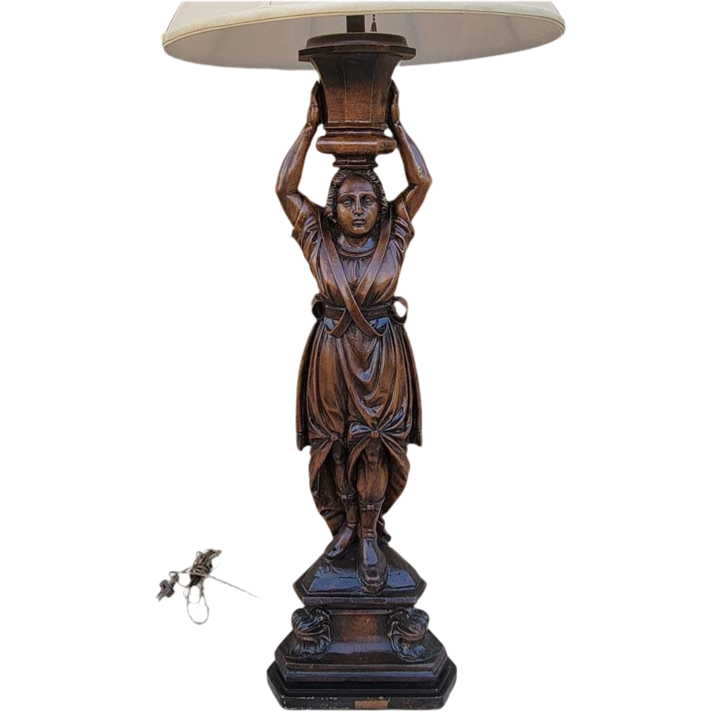 Antique Carved Walnut Figural Lamp with Shade