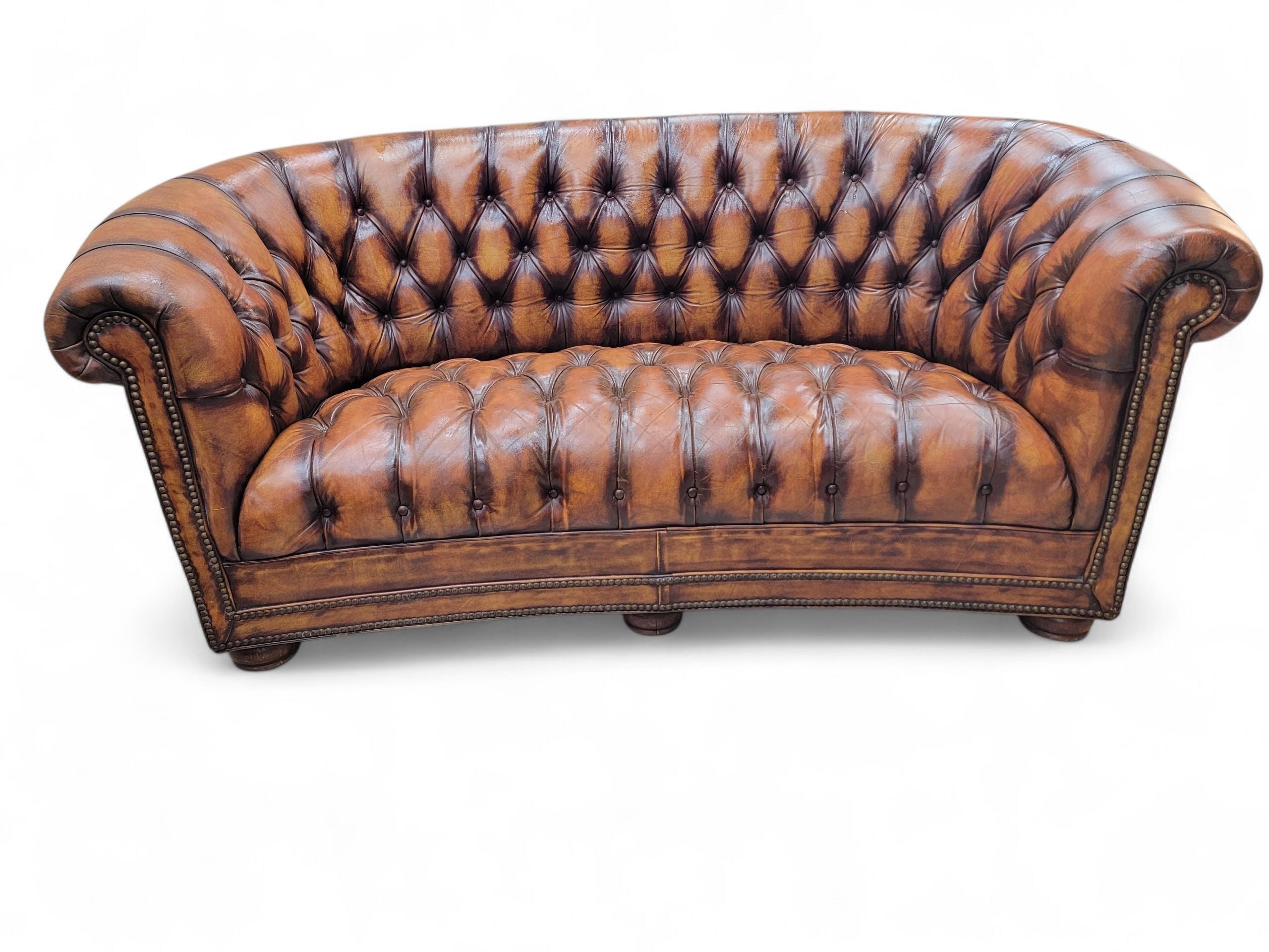 Vintage English Tufted Hand Dyed Distressed Cognac Leather Chesterfield Sofa - Pair