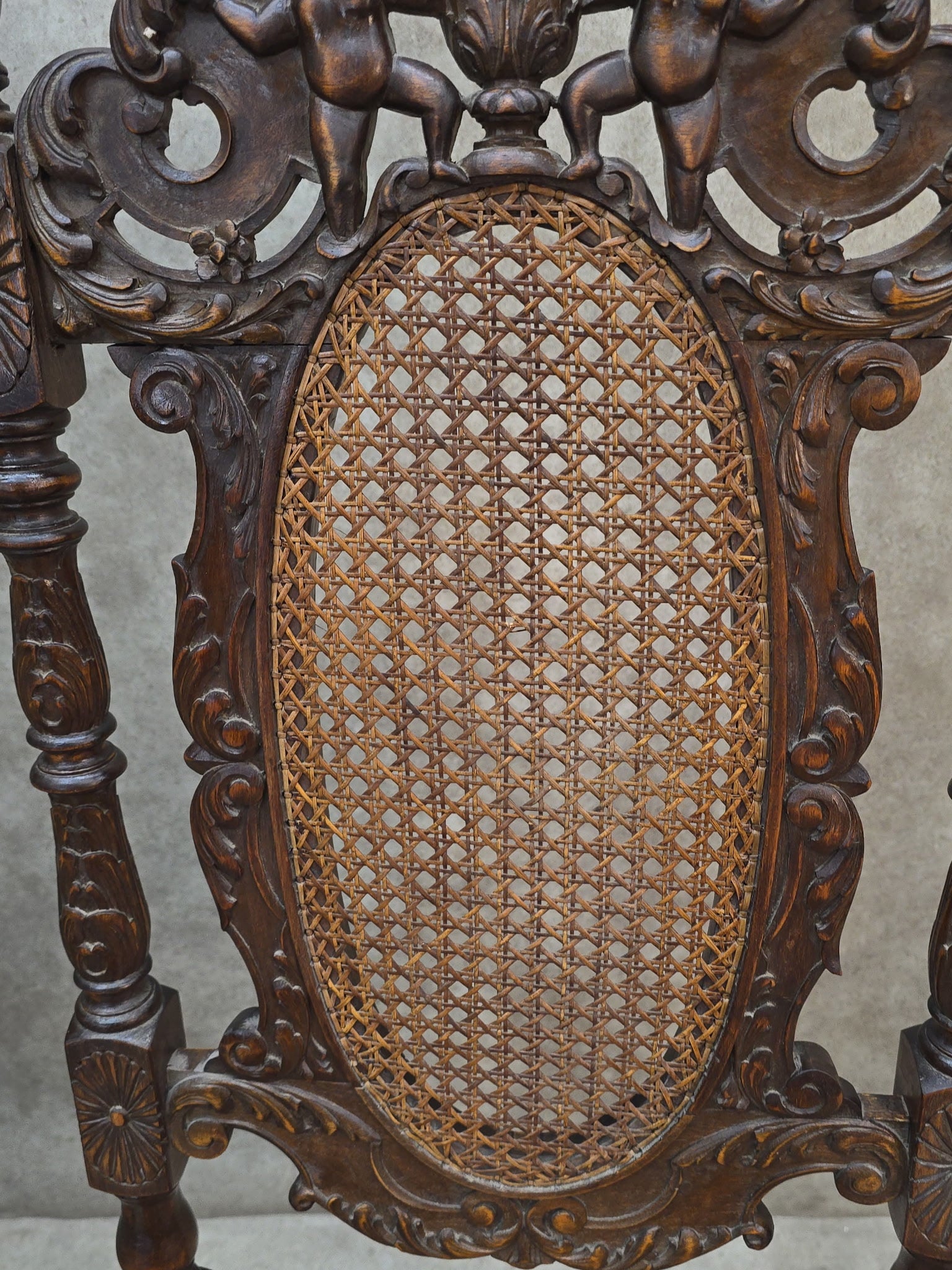 Antique Renaissance Revival Cane Throne Chairs - Pair