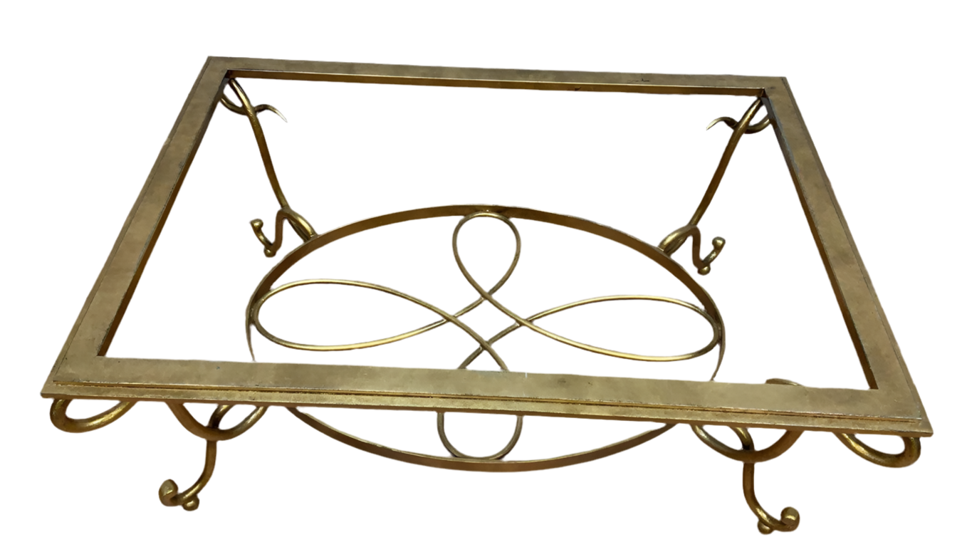 Art Deco Rene Drouet Style Gilt Wrought Iron Coffee Table with Beveled Glass