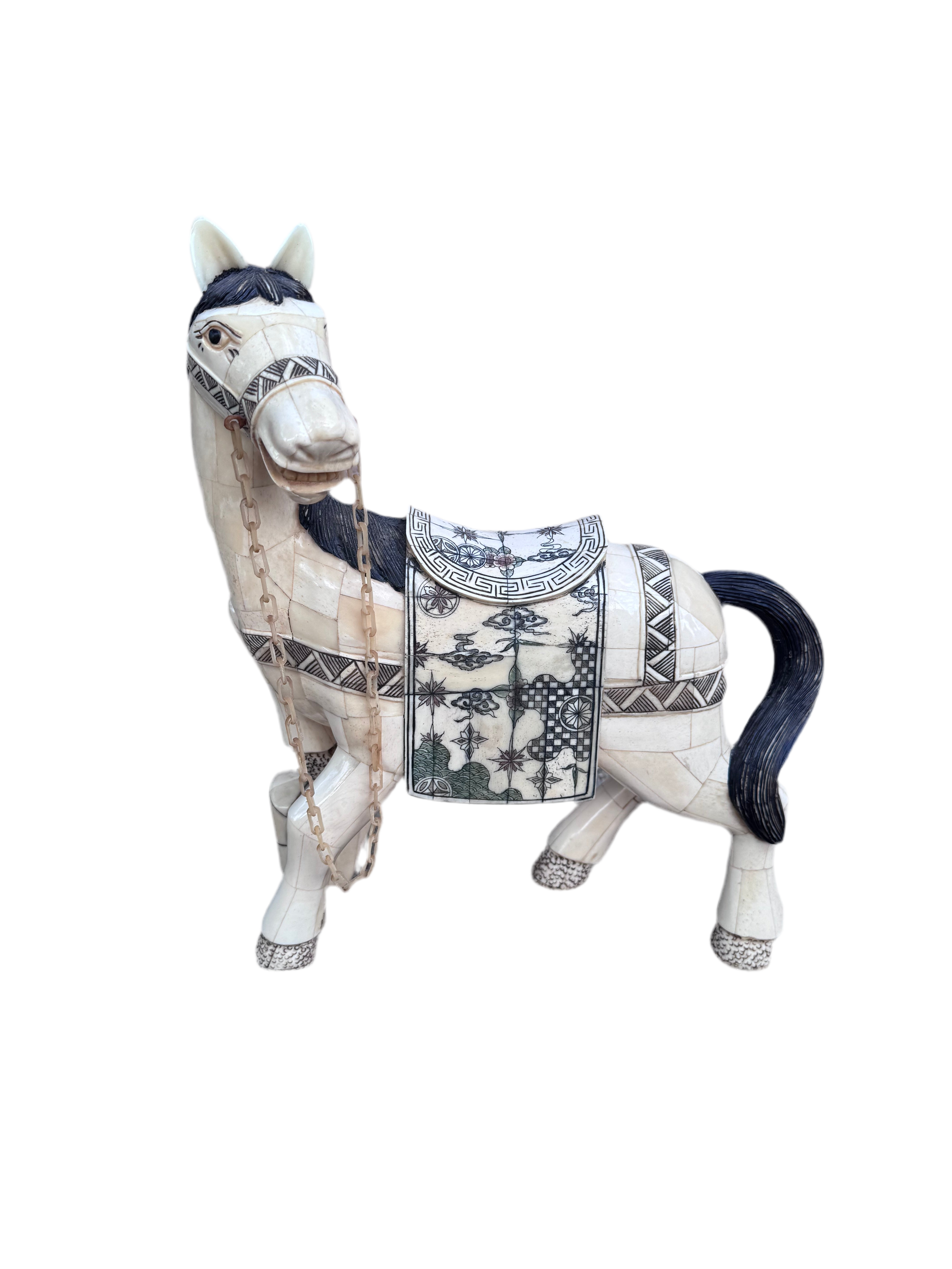 Vintage Tessellated Bone Tile Horse Statue
