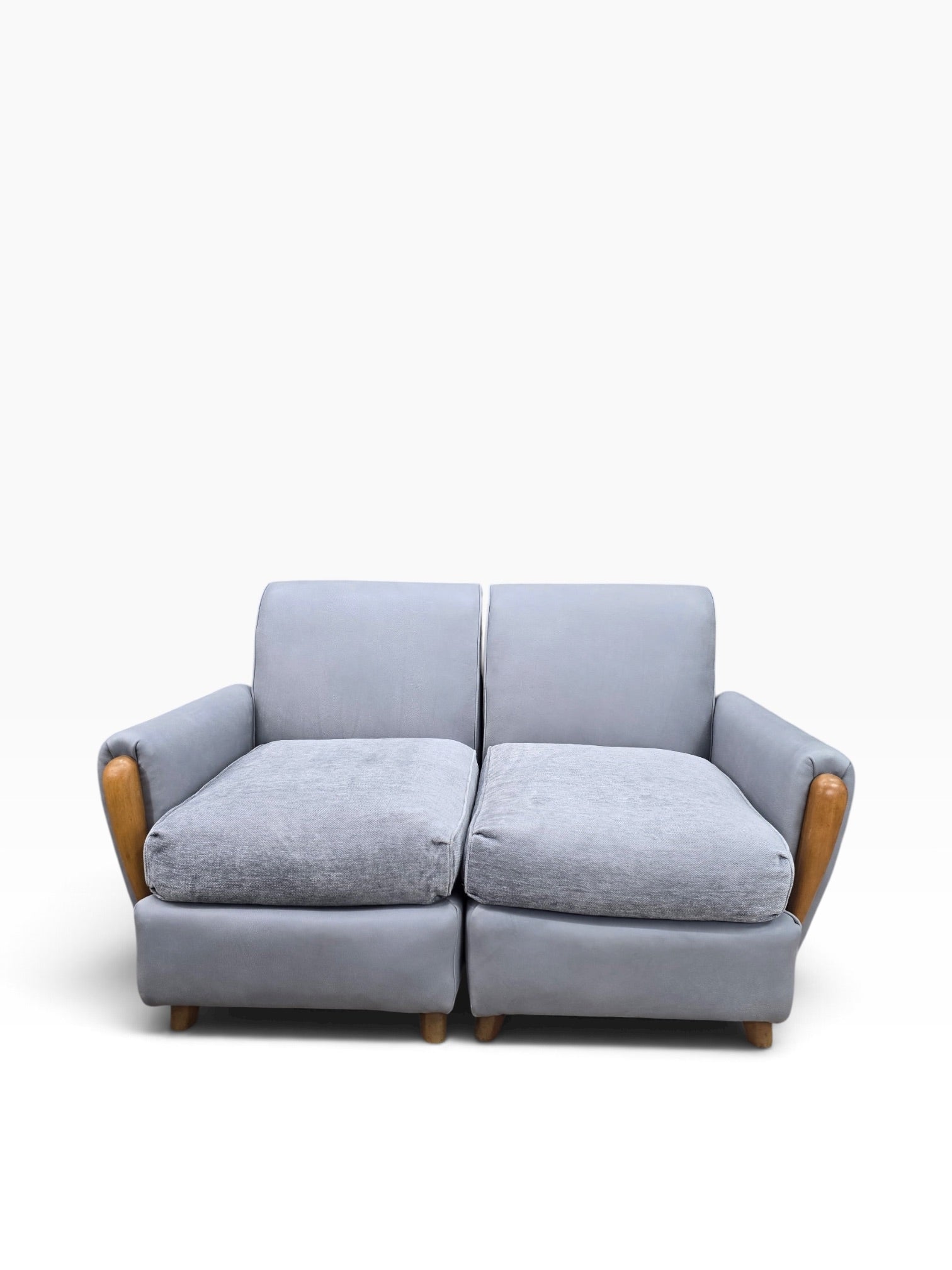 Mid Century Modern Heywood Wakefield Modular Sectional Sofa Newly Reupholstered in Powder Blue Holly Hunt Leather