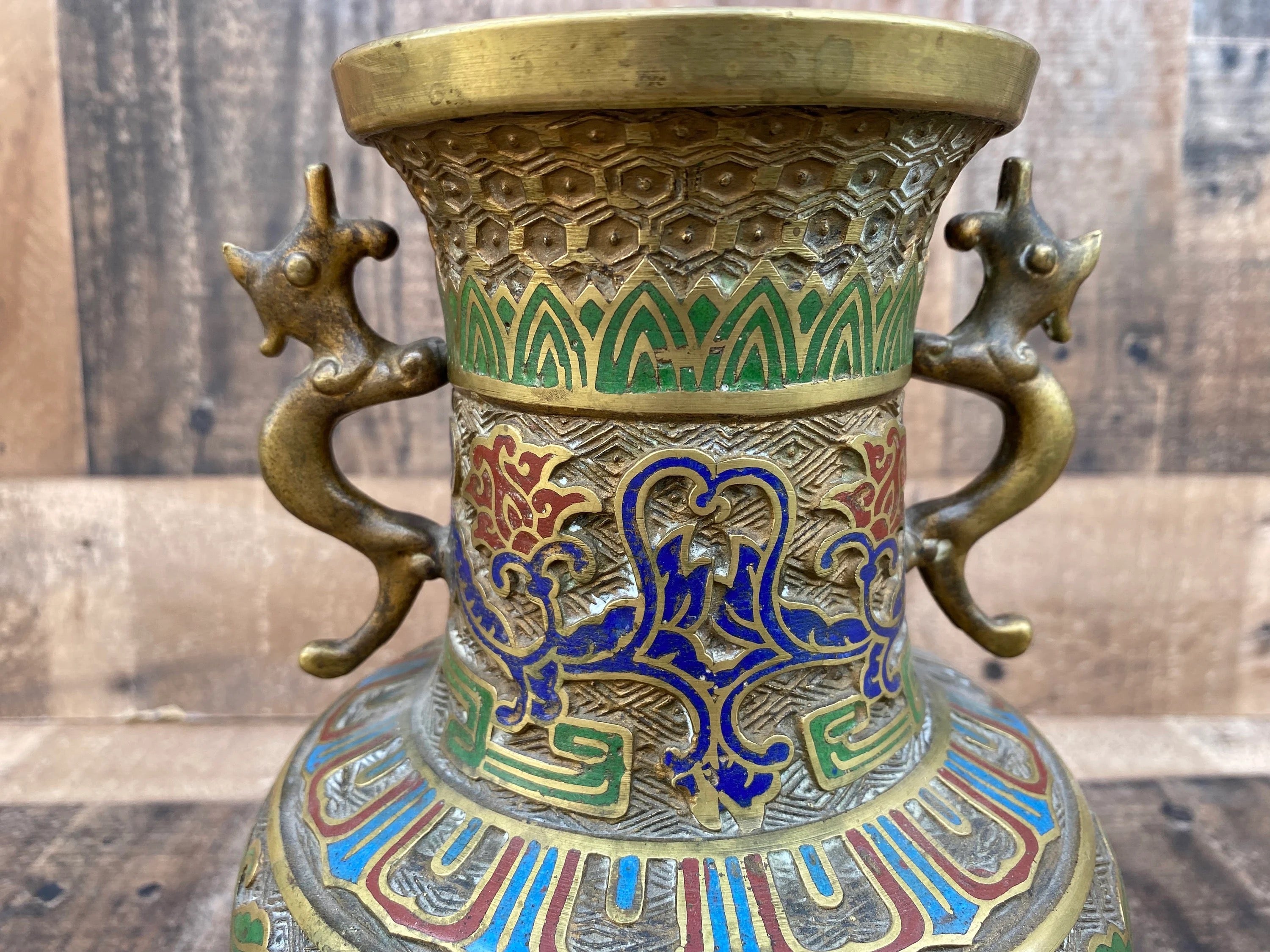 Antique Japanese Bronze Cloisonné/Champleve Vase Urn