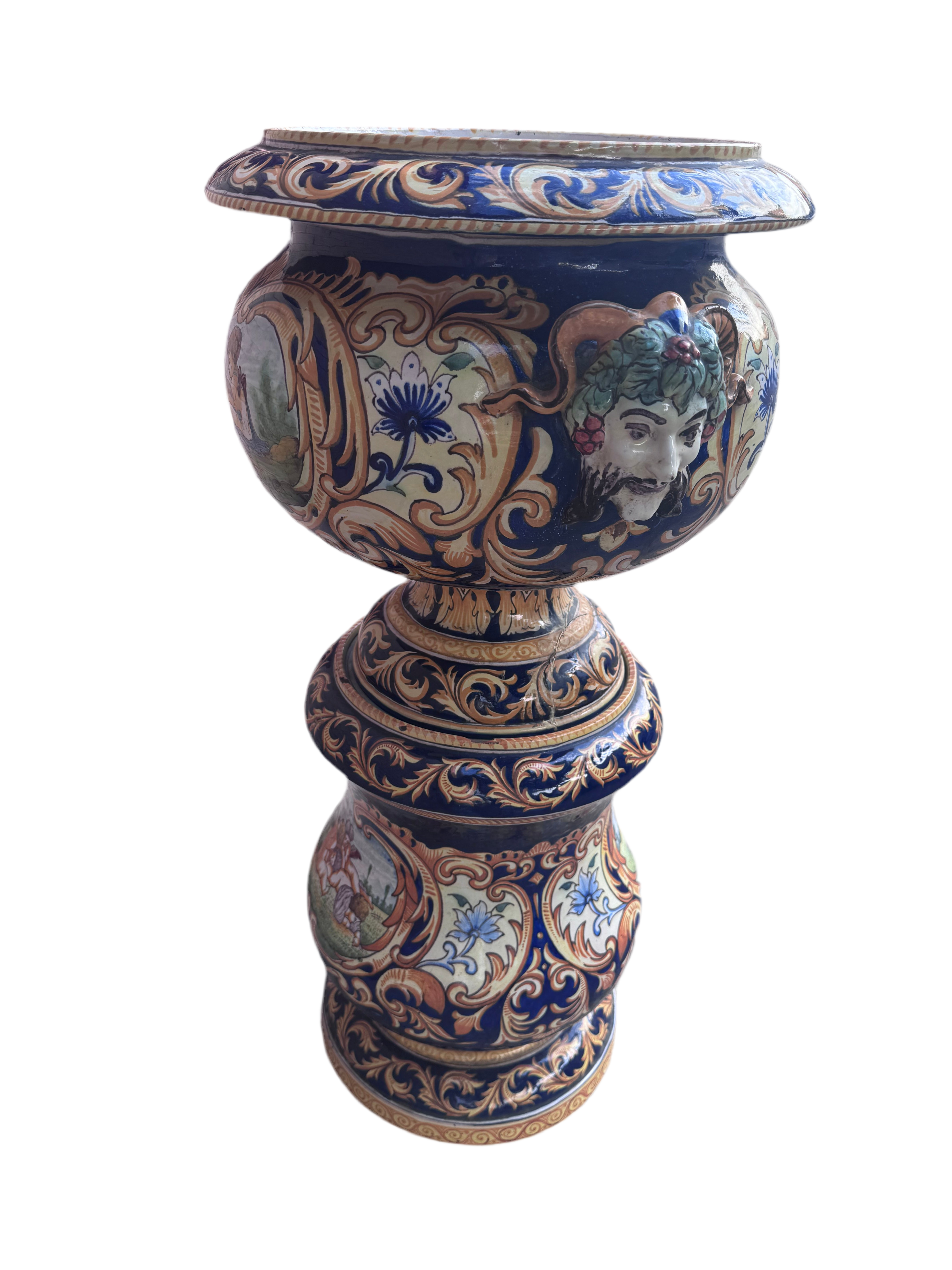 New - Antique French 19th Century Majolica Jardiniere on Stand