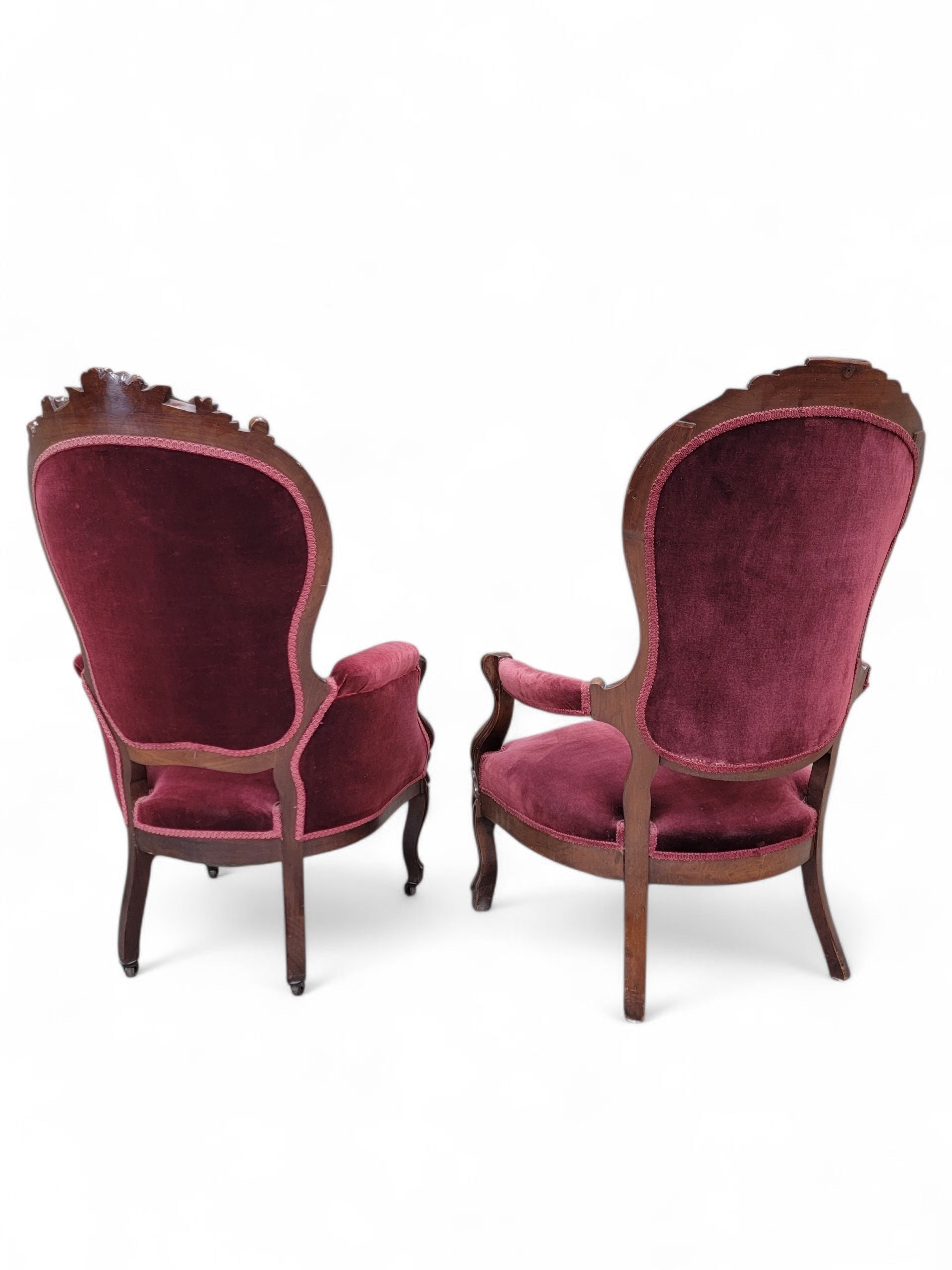 Antique Victorian Rococo Revival Style Carved Tufted Parlor Chairs – Set or 2