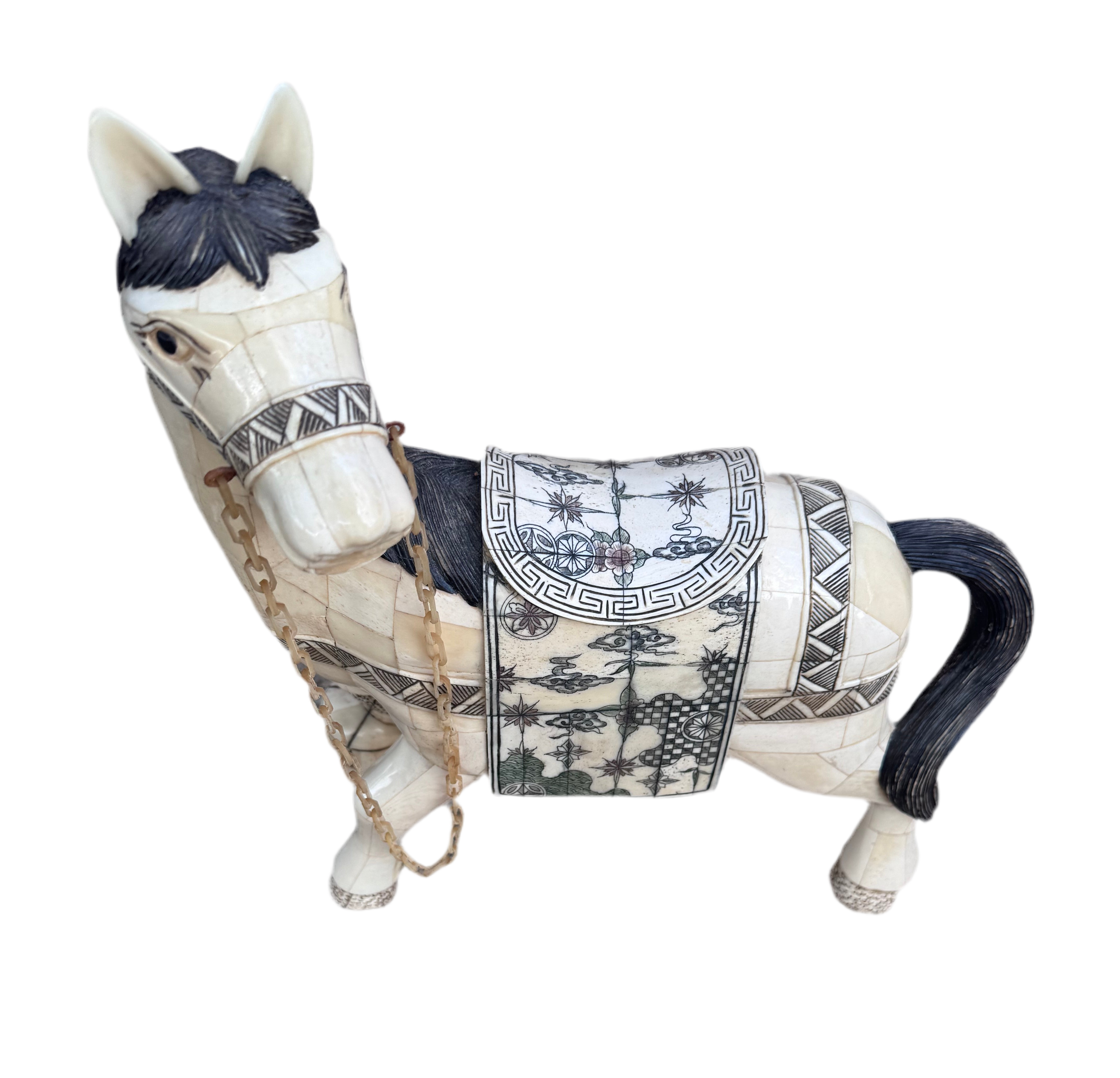 Vintage Tessellated Bone Tile Horse Statue